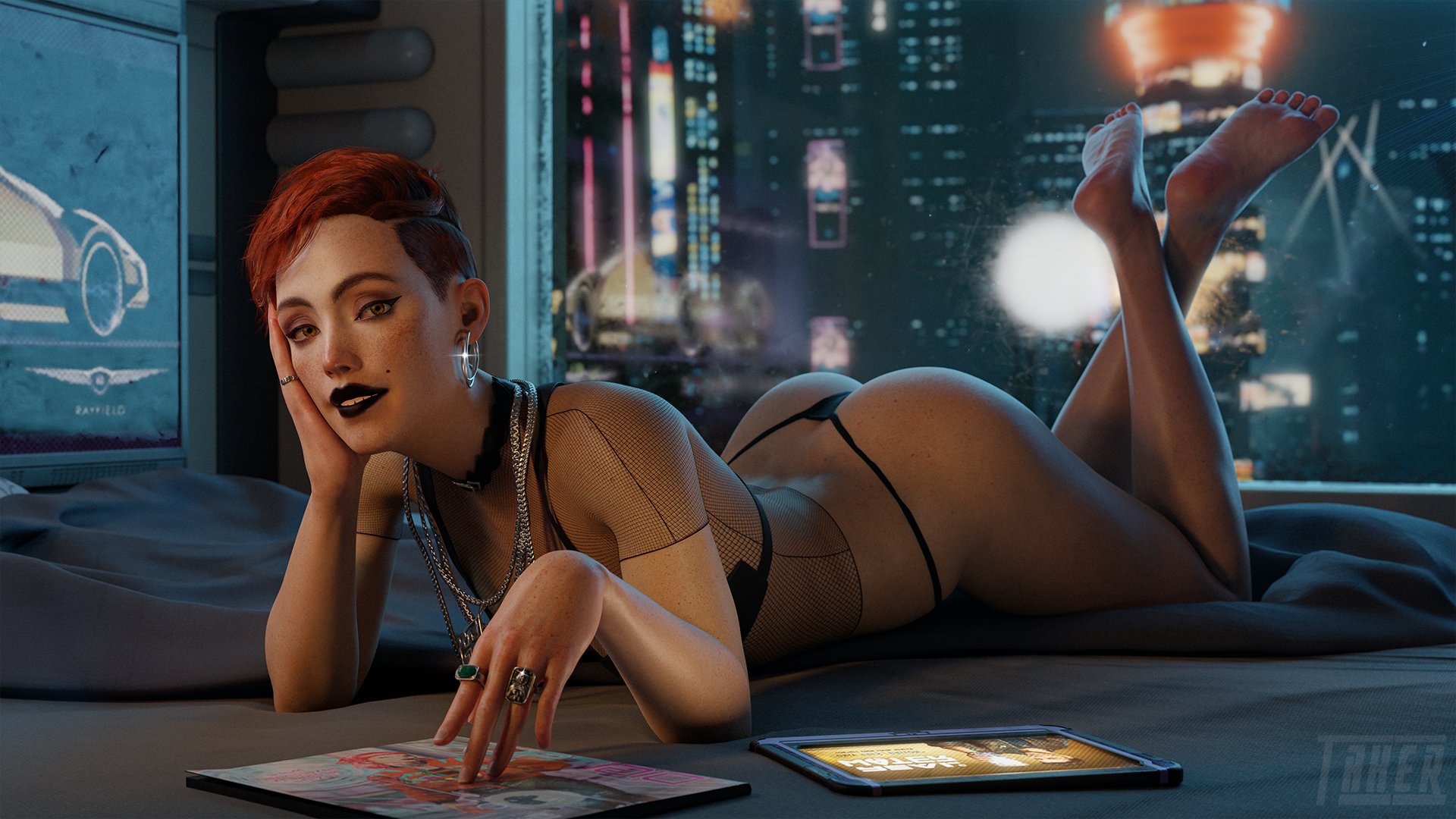 1girls, 3d, 3d (artwork), ass, aurore cassel, barefoot, beautiful woman, black lipstick, cyberpunk (series), cyberpunk 2077, cyberpunk 2077: phantom liberty, feet, female, female only, legs, lipstick, lying on bed, lying on stomach, makeup, mature woman, panties, red hair, redhead, rings, round ass, round butt, seductive, seductive look, short hair, soles, solo, solo female, solo focus, takerskiy, tomboy, underwear