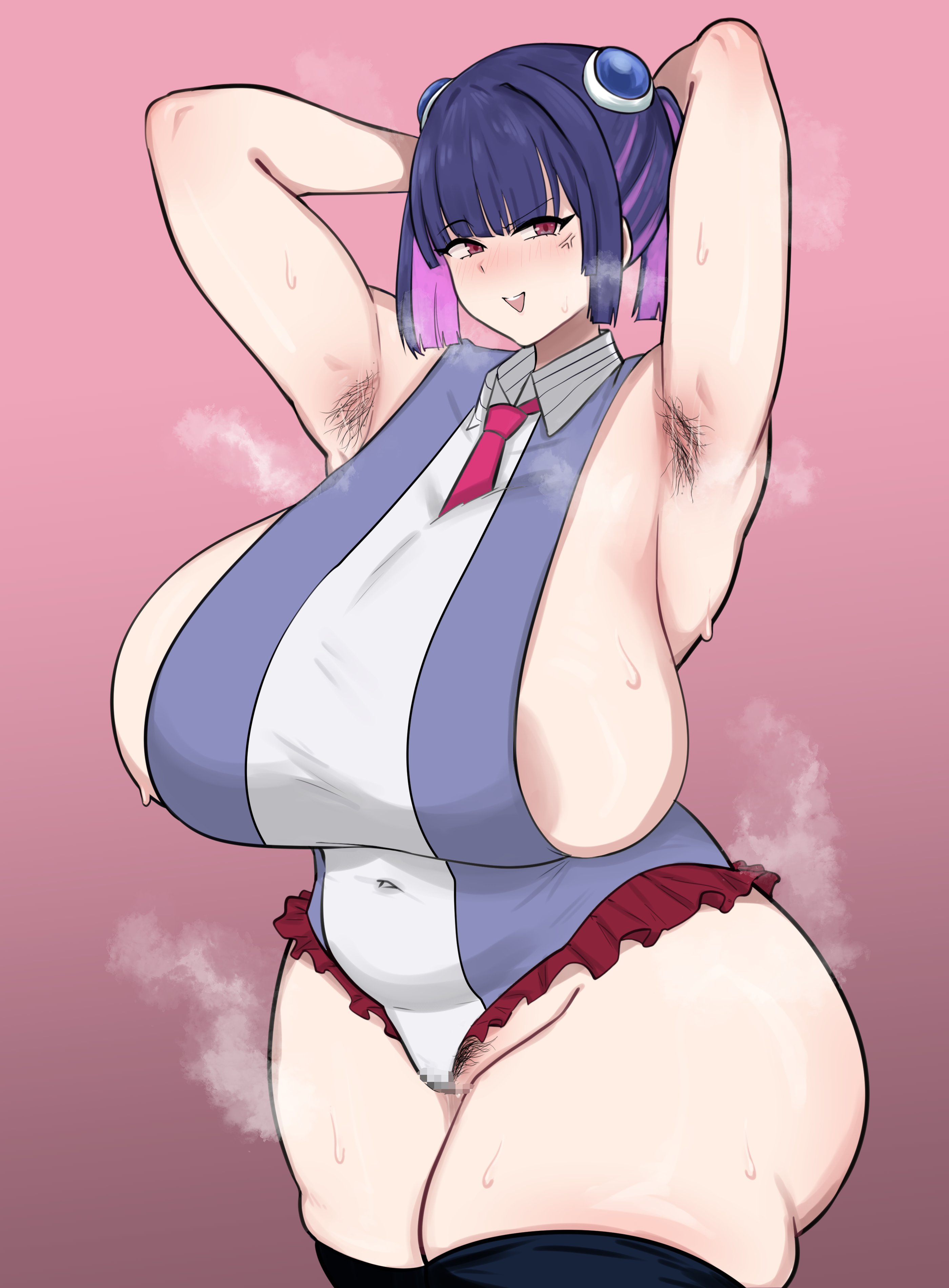 absurdres, anger vein, areola slip, armpit hair, armpits, arms behind head, arms up, blue hair, blush, breasts, colored inner hair, cosplay, covered navel, female pubic hair, frilled leotard, frills, hair ornament, highres, hiiragi yuzu, huge breasts, hwanh, indie virtual youtuber, iwa ego, leotard, multicolored hair, necktie, open mouth, pink background, pink hair, plump, pubic hair, pubic hair peek, pussy juice, red eyes, short hair, sideless leotard, smile, standing, sweat, twintails, virtual youtuber, wide hips, yu-gi-oh!, yu-gi-oh! arc-v, zuzu boyle, zuzu boyle (cosplay)