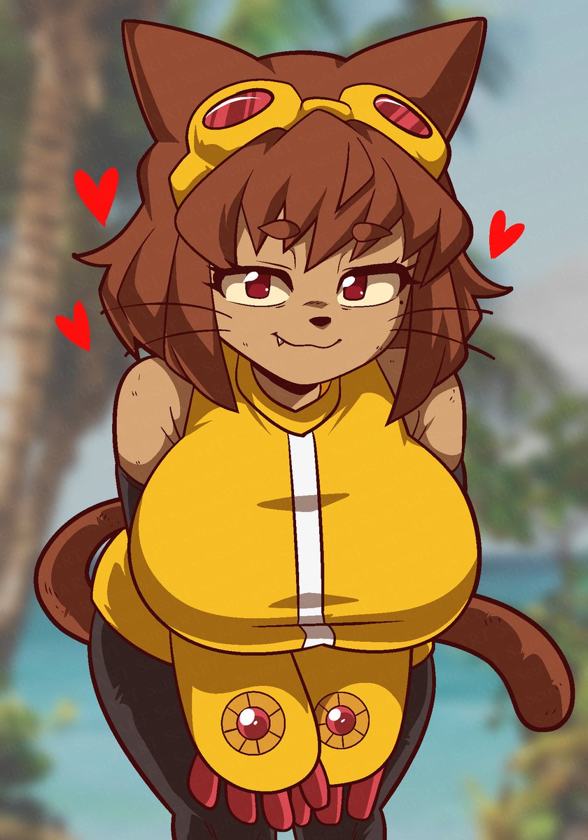 big breasts, brown hair, cat girl, flirting look, gameoverse, glitch productions, goggles, kit (gameoverse), kit bodega, love, seireiart, short hair, smirk, solo, yellow sclera