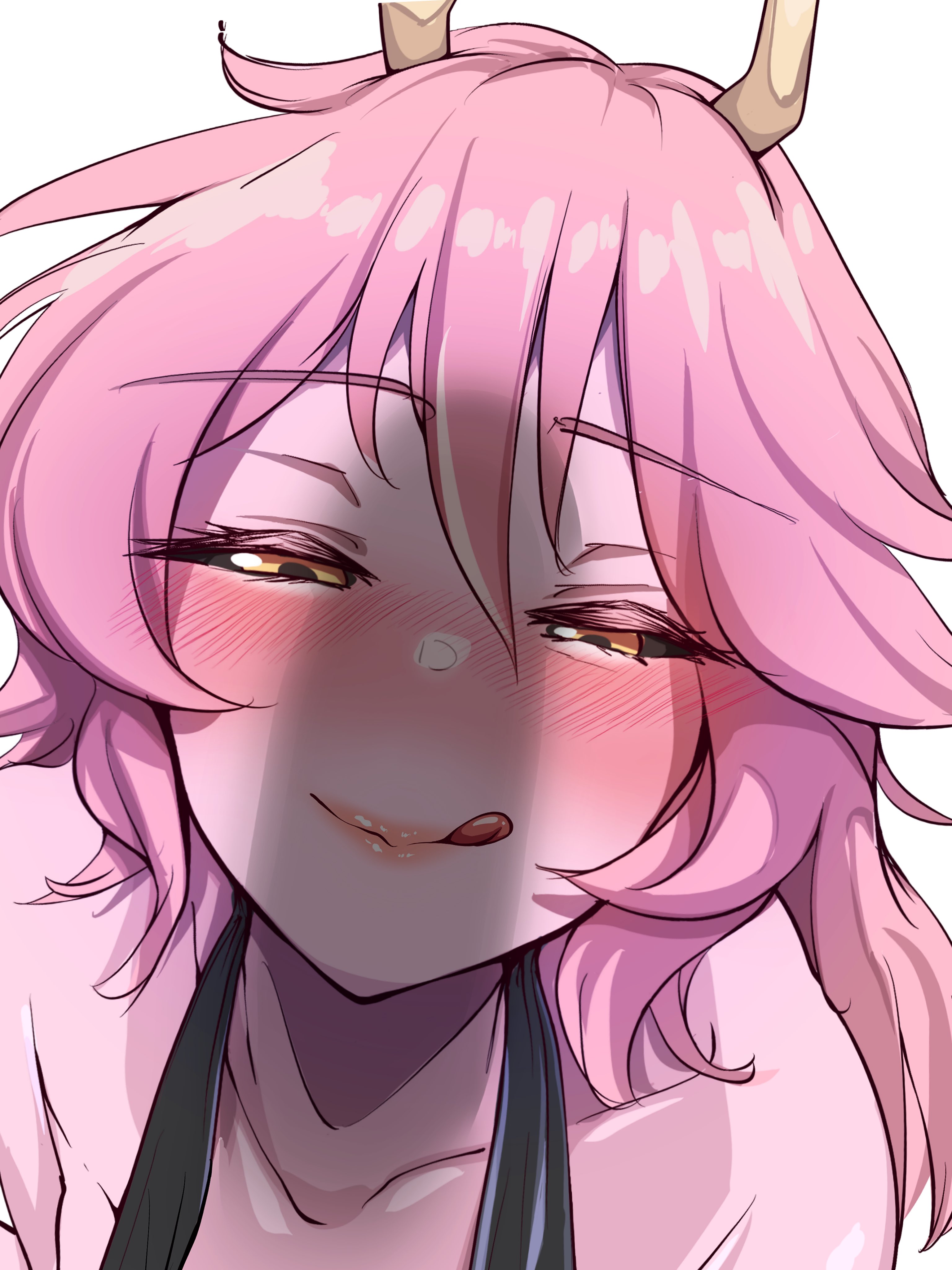 1boy, 1girl, 1girls, absurdres, aroused, ashido mina, ashido mina time-skip, bare shoulders, black dress, black sclera, boku no hero academia, chanwara 06, chanwara 06 (sabwara06/wara3977712), closed mouth, collarbone, colored sclera, colored skin, commentary, dress, english commentary, excited, hair between eyes, half-closed eyes, halterneck, highres, horns, licking lips, long hair, looking at penis, mina ashido, mina ashido time-skip, my hero academia, my hero academia (finale), orange eyes, out of frame, paid reward available, penis shadow, pink body, pink hair, pink skin, portrait, post-timeskip, seductive smile, shirt, short hair, smile, solo focus, tongue, tongue out, yellow eyes
