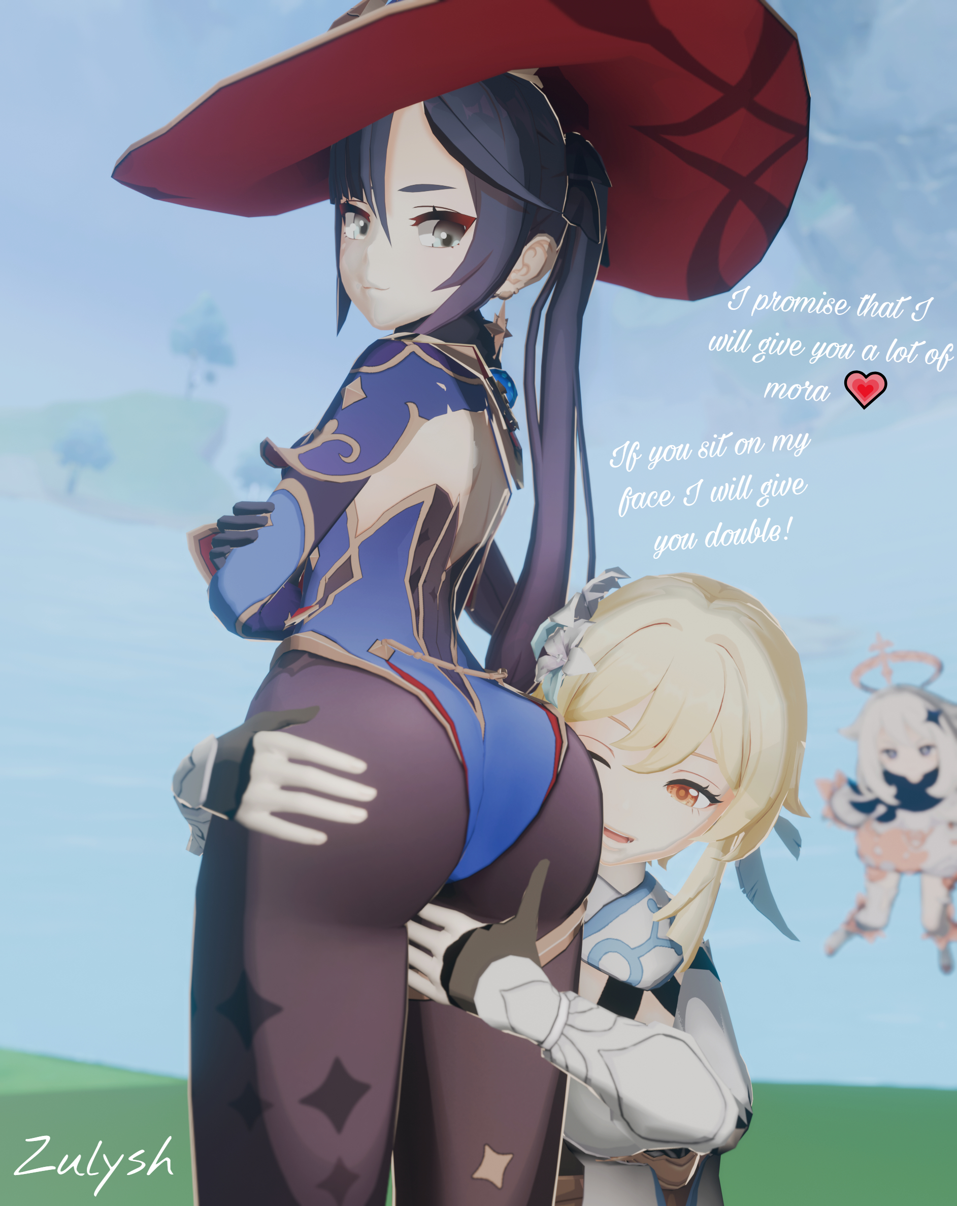 3girls, ass, braided hair, genshin impact, looking at partner, looking back, lumine (genshin impact), mona (genshin impact), paimon (genshin impact), violet hair, white hair, witch hat