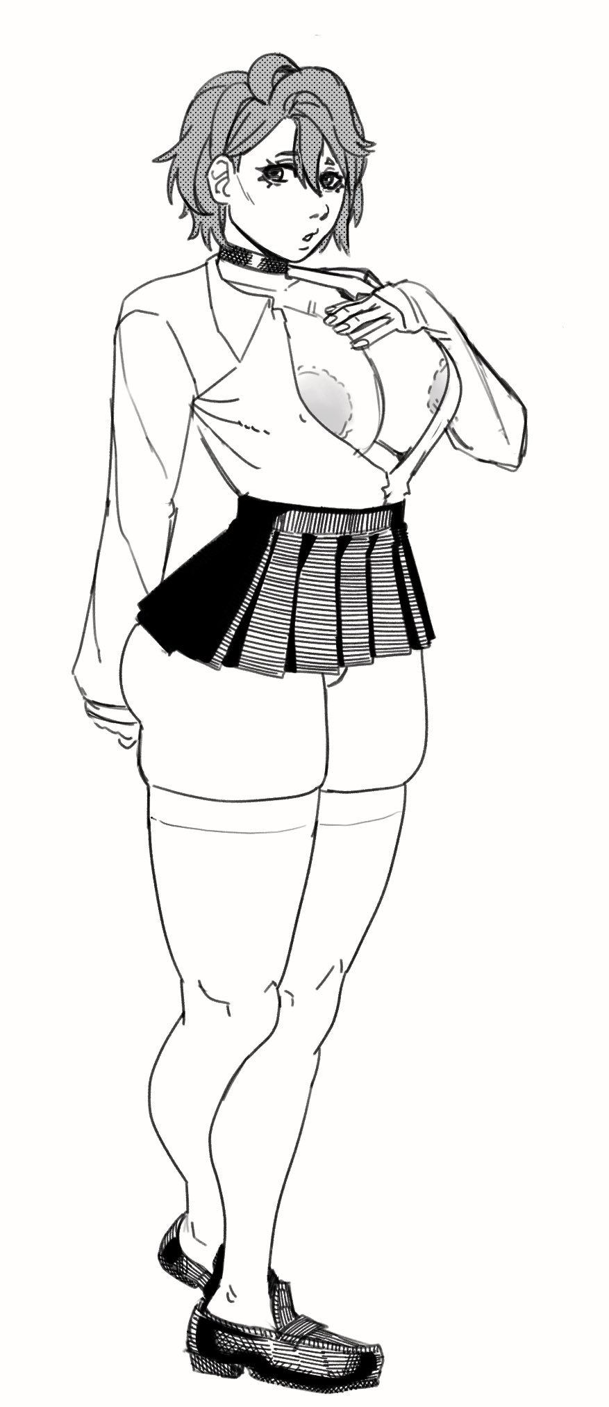 1girls, areola slip, breasts, burnt lewds, choker, dandadan, female, huge breasts, incinerated art, shiratori aira (dandadan), shirt, shoes, skirt, socks, thick thighs