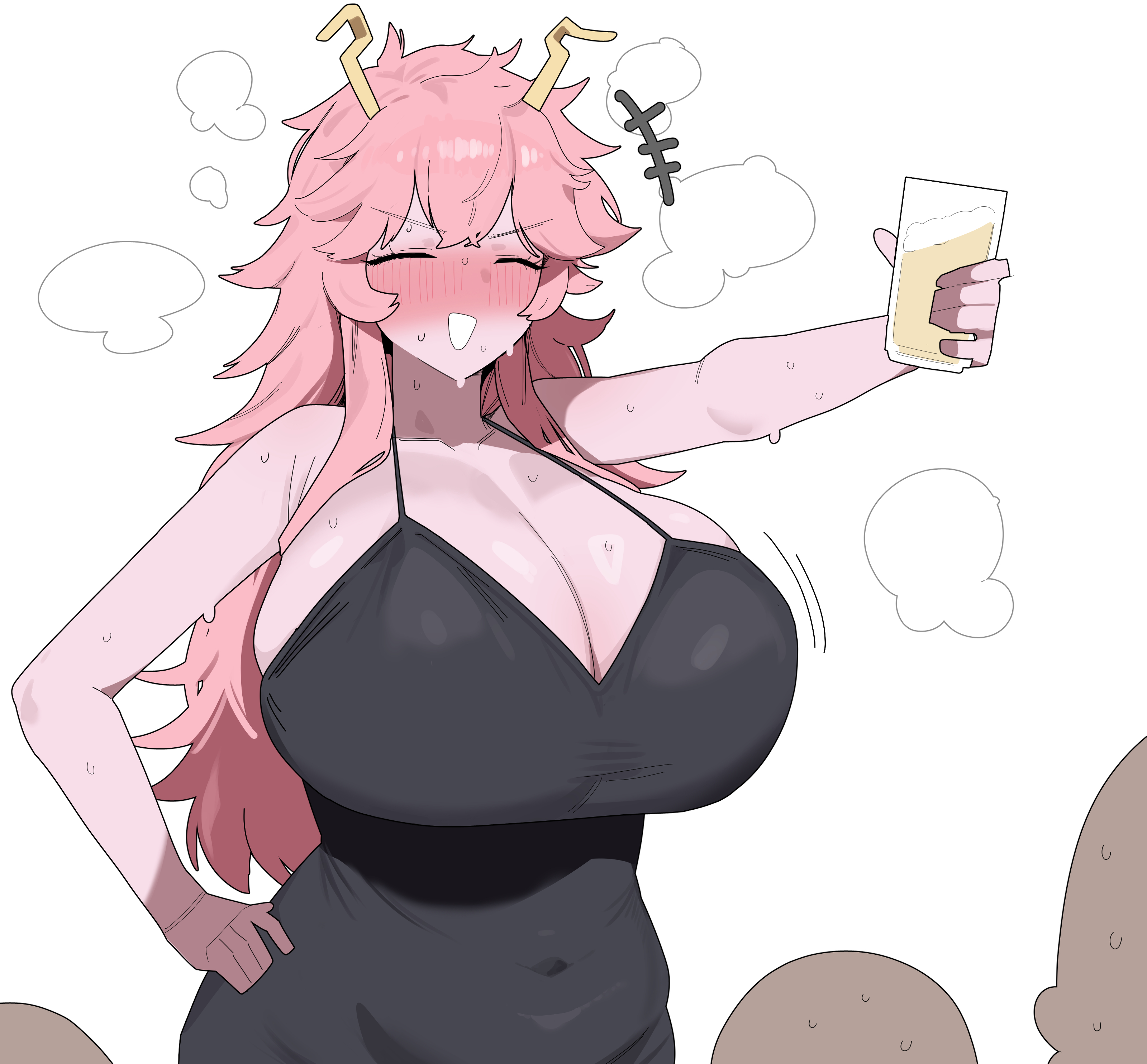 1girl, 3boys, absurdres, alcohol, alternate breast size (larger), beer, black dress, blush, boku no hero academia, breasts, citizen k, citizen k (pngj5475), cleavage, closed eyes, colored skin, commentary, cup, dress, drunk, drunk female, hand on own hip, highres, holding, holding cup, horns, huge breasts, laughing, long hair, mina ashido, mina ashido time-skip, multiple boys, my hero academia, my hero academia (finale), open mouth, paid reward available, pink hair, pink skin, post-timeskip, sleeveless, sleeveless dress, smile, solo focus, standing, sweat, white background