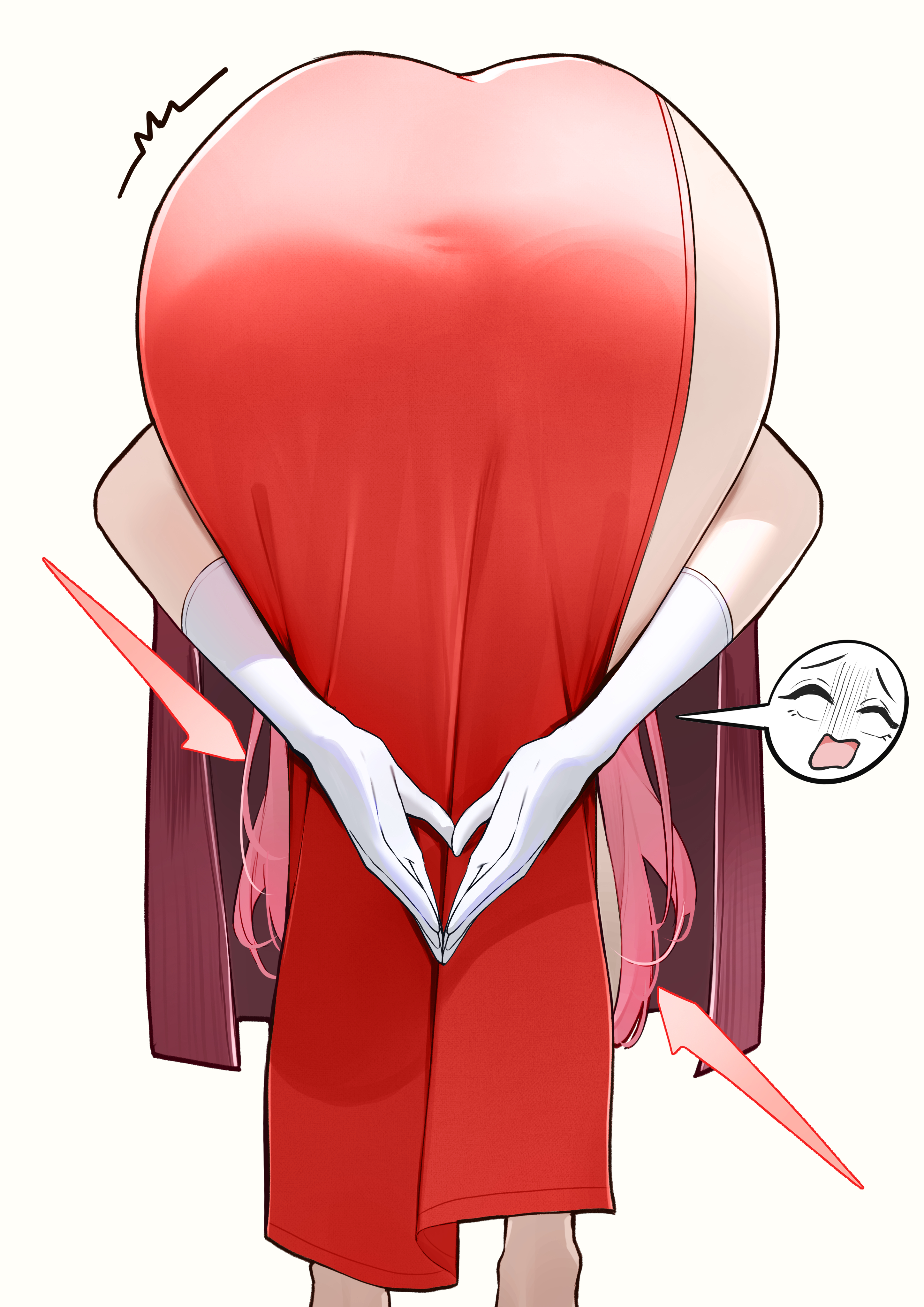 1girl, absurdres, amen pose (meme), aru (blue archive), aru (dress) (blue archive), ass, ass focus, bent over, blue archive, commentary, dress, feet out of frame, from behind, frontbend, gloves, halo, highres, jacket, kang mura, long hair, meme, official alternate costume, pink hair, praise da booty (meme), presenting own ass, presenting own body, red dress, red halo, red jacket, side slit, simple background, solo, speech bubble, spoken expression, white background, white gloves