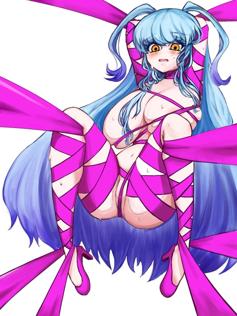 ass, big ass, big breasts, big butt, blue hair, bondage, breasts, female, female only, heels, heels only, huge breasts, library of ruina, limbus company, lobotomy corporation, no bra, no panties, nude, nude female, pink shoes (limbus company), possessed, possession, project moon, queen of hatred, ribbon, ribbon bondage, ribbons, solo, solo female, ten oekaki, yellow eyes