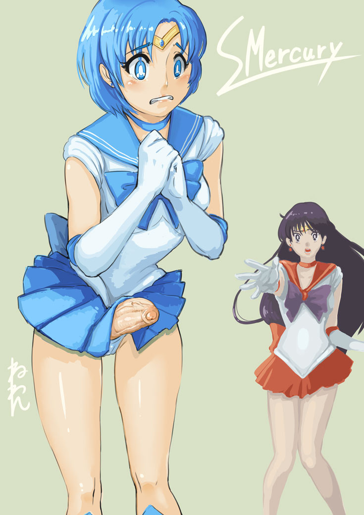 1futa 1girls ami_mizuno bishoujo_senshi_sailor_moon blue_hair bottomless breasts character_name clothed clothing duo erection_under_skirt female fully_clothed futa_sans_balls futanari futanari_transformation human light-skinned_female light-skinned_futanari light_skin long_hair miniskirt mostly_clothed neone-x panties partially_retracted_foreskin penis penis_growth purple_hair rei_hino sailor_mars sailor_mercury skirt small_breasts standing text uncut