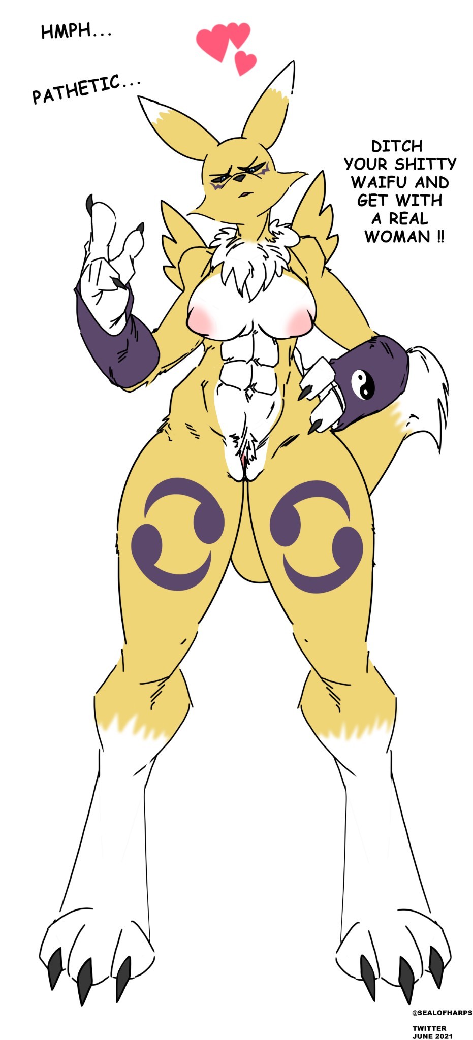 abs anthro athletic bandai_namco breasts canid claws digimon digimon_(species) english_text female genitals harpseal heart hi_res invalid_tag looking_at_viewer mammal meme muscular muscular_female pussy renamon solo text toe_claws