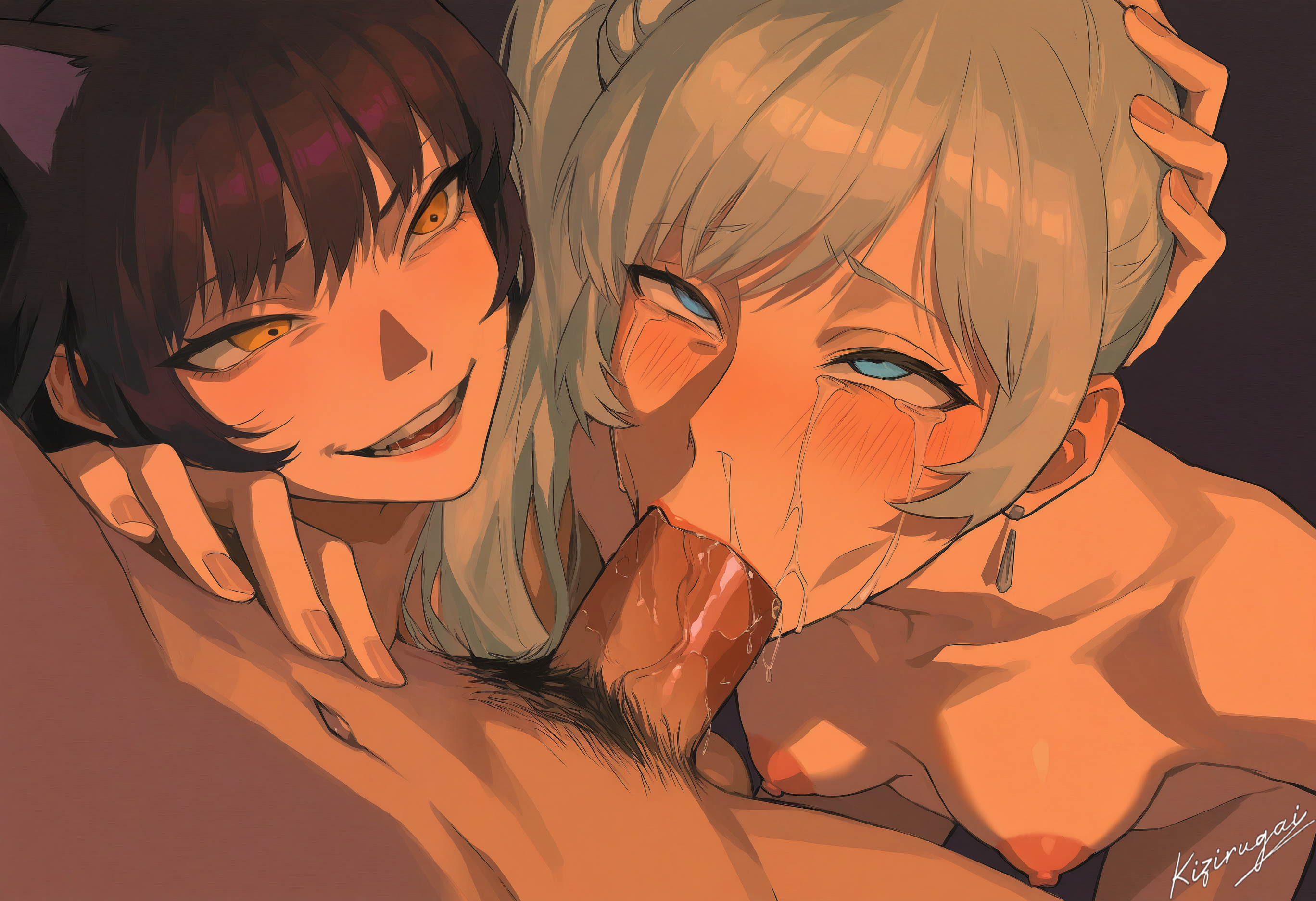 1boy, 2girls, ai generated, assisted fellatio, blake belladonna, cheating, deepthroat, irrumatio, kizirugai, looking at another, pushing, rwby, saliva on penis, small breasts, smirk, snout, tagme, tears, weiss schnee