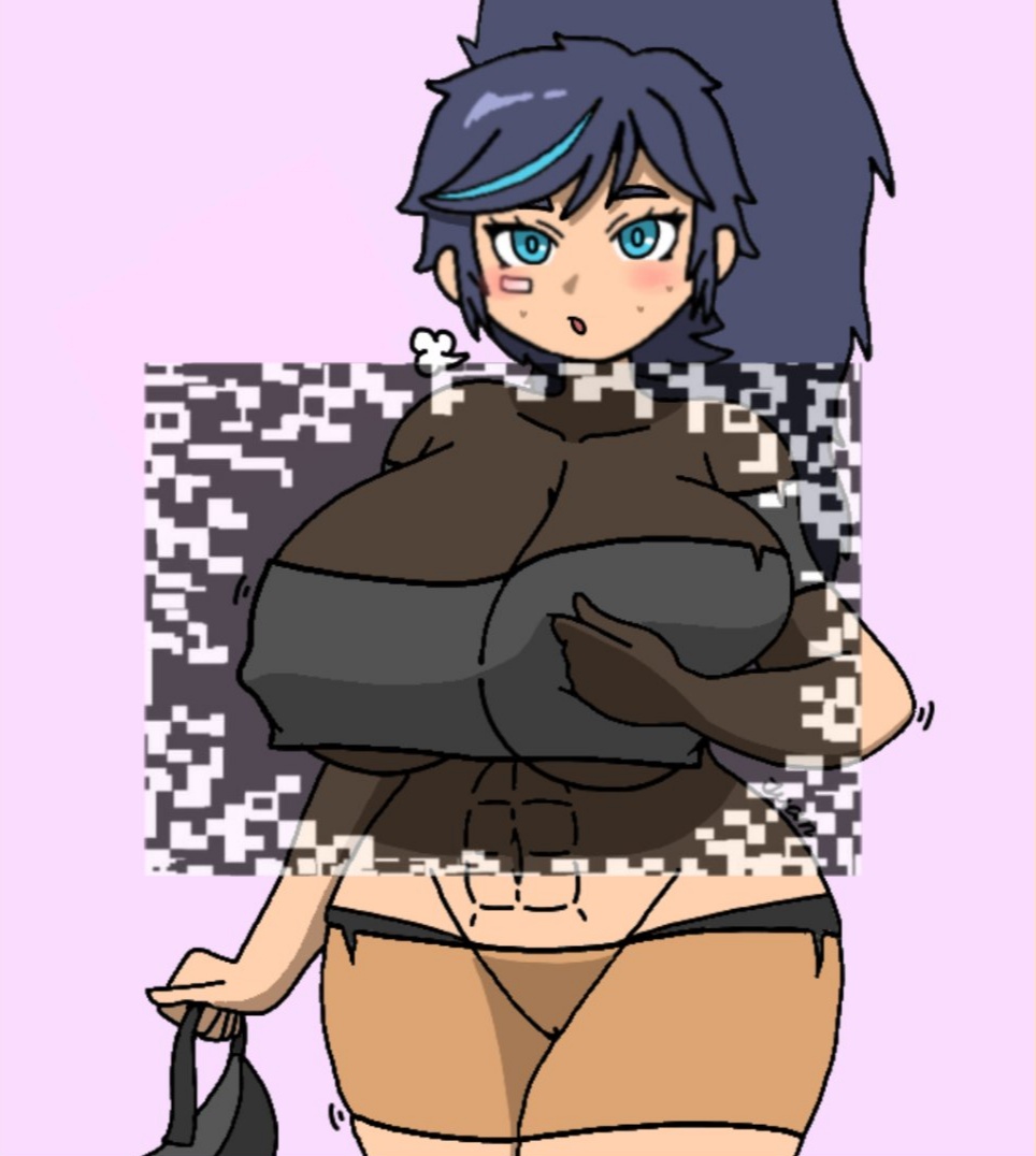 bandage_on_face big_breasts blush dark_blue_hair edit edited holding_bra huge_breasts illusion kim_han_yi_(writers_crusaders) optical_illusion ponytail shake_your_screen solo_female sweat thick_thighs torn_clothes wcjuan writers_crusaders