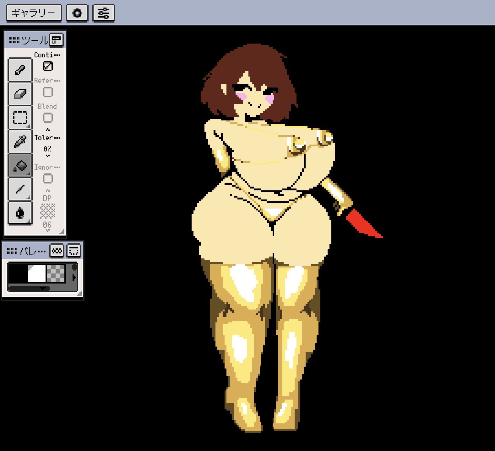 1girls, bikini, black background, black eyes, blush, blush stickers, breasts, breasts bigger than head, brown hair, chara, elbow gloves, female, female chara, gold bikini, gold elbow gloves, gold thighhighs, golden week, hand behind back, holding knife, holding weapon, knife, large breasts, light skin, light-skinned female, nipple bulge, pixel art, short hair, smile, tagme, thick thighs, thighhighs, undertale, uun uuni
