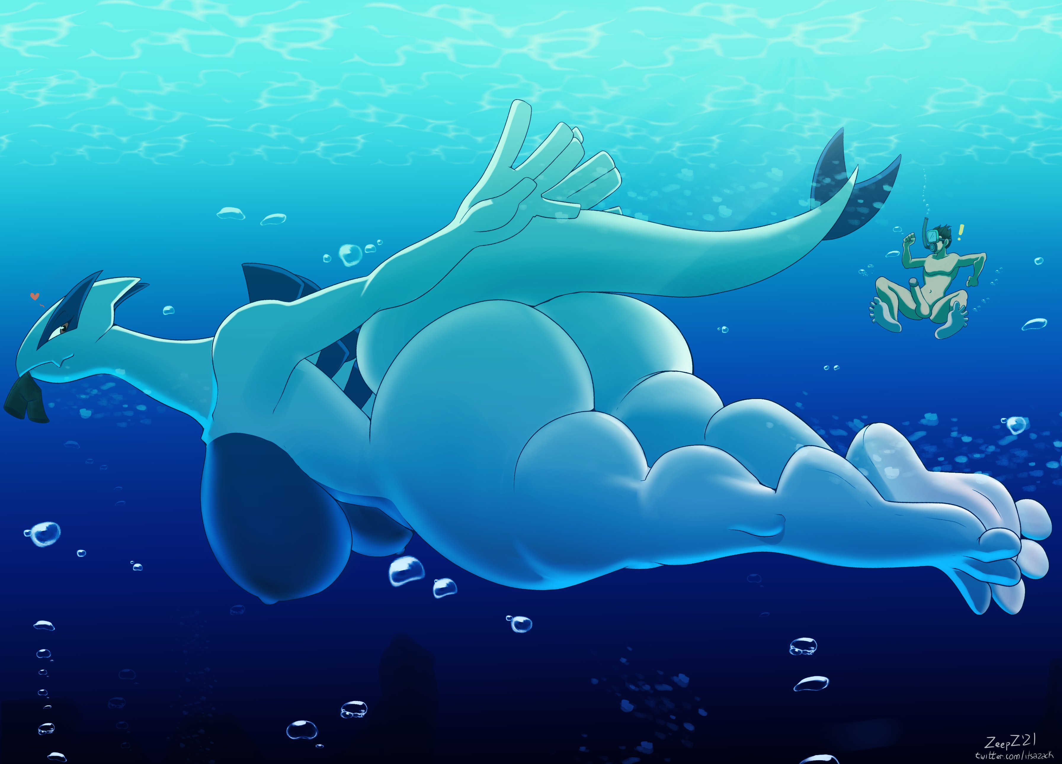 absurd res, anthro, ass, big ass, big breasts, big butt, breasts, female, genitals, heart, hi res, huge ass, huge breasts, huge butt, human, larger anthro, larger female, legendary pokemon, lugia, macro, male, mammal, nintendo, nude, penis, pokemon, pokemon (species), size difference, skinny dipping, smaller human, smaller male, thick thighs, underwater, video games, water, zp92
