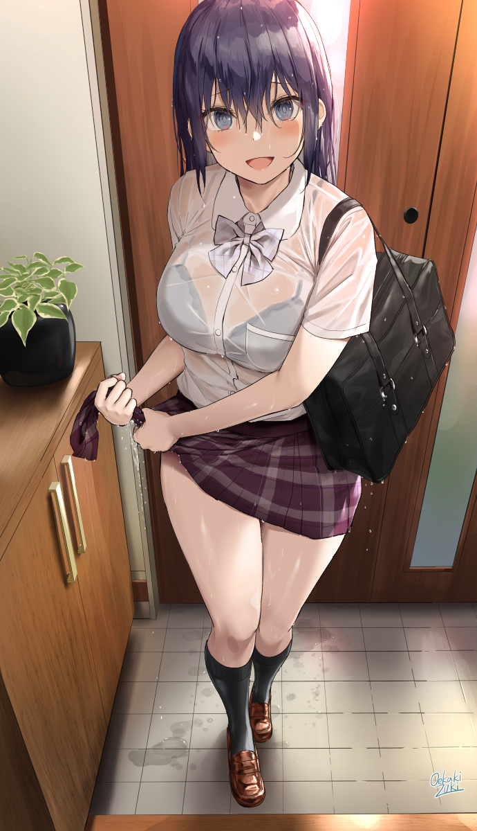 big breasts, breasts, dark hair, female, school uniform, short skirt, skirt, soaked, thick thighs, thighhighs, wet, wet clothes