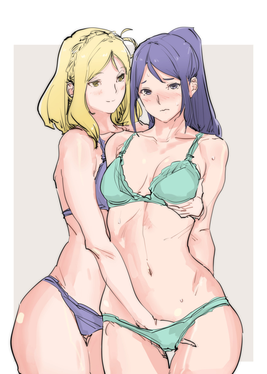2girls, amanda kenny, arms behind back, bare shoulders, blonde hair, blush, border, bra, closed mouth, collarbone, female, fingering, frilled bra, frilled panties, frills, green bra, green panties, hand in another's panties, hand in panties, hand on another's chest, highres, long hair, looking at another, looking pleasured, love live!, love live! sunshine!!, matsuura kanan, medium hair, multiple females, multiple girls, navel, ohara mari, panties, ponytail, purple bra, purple eyes, purple panties, shiny, shiny skin, sketch, smile, sweat, underwear, white border, yellow eyes, yuri
