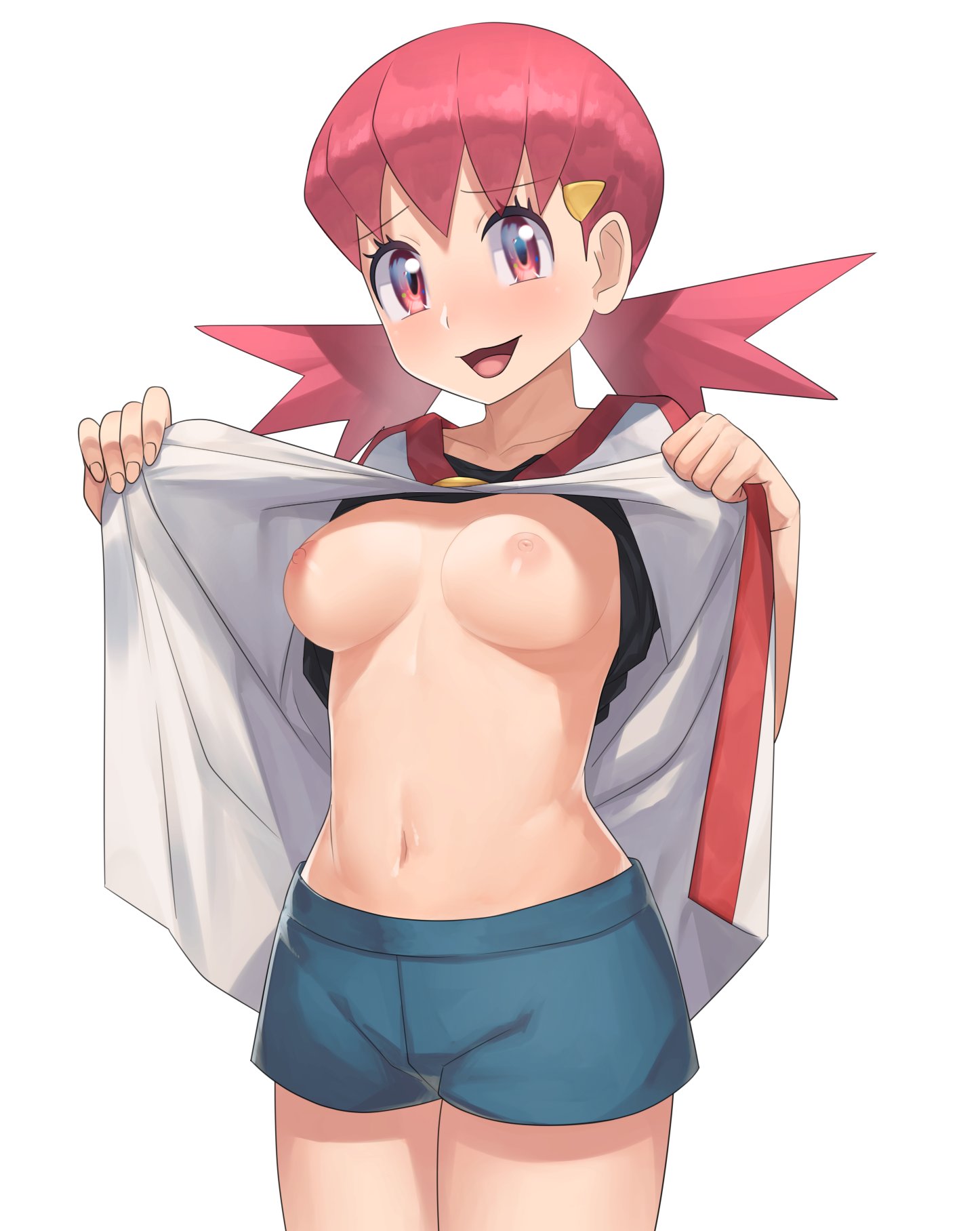 1girls, 2020s, 2021, black topwear, blue bottomwear, blush, breasts, collarbone, digital drawing (artwork), ecstasy, exposed belly, exposed breasts, female, female only, flashing, front view, gym leader, hairclip, heroine, human, lifted top, looking at viewer, manga, medium breasts, mouth open, navel, nipples, pink eyes, pink hair, pokemon, pokemon gsc, pokemon hgss, presenting breasts, shiny breasts, shiny skin, shirt lift, short hair, short shorts, shorts, simple background, smile, solo, solo female, standing, tied hair, tomboy, white background, whitney (pokemon), xin lan deng