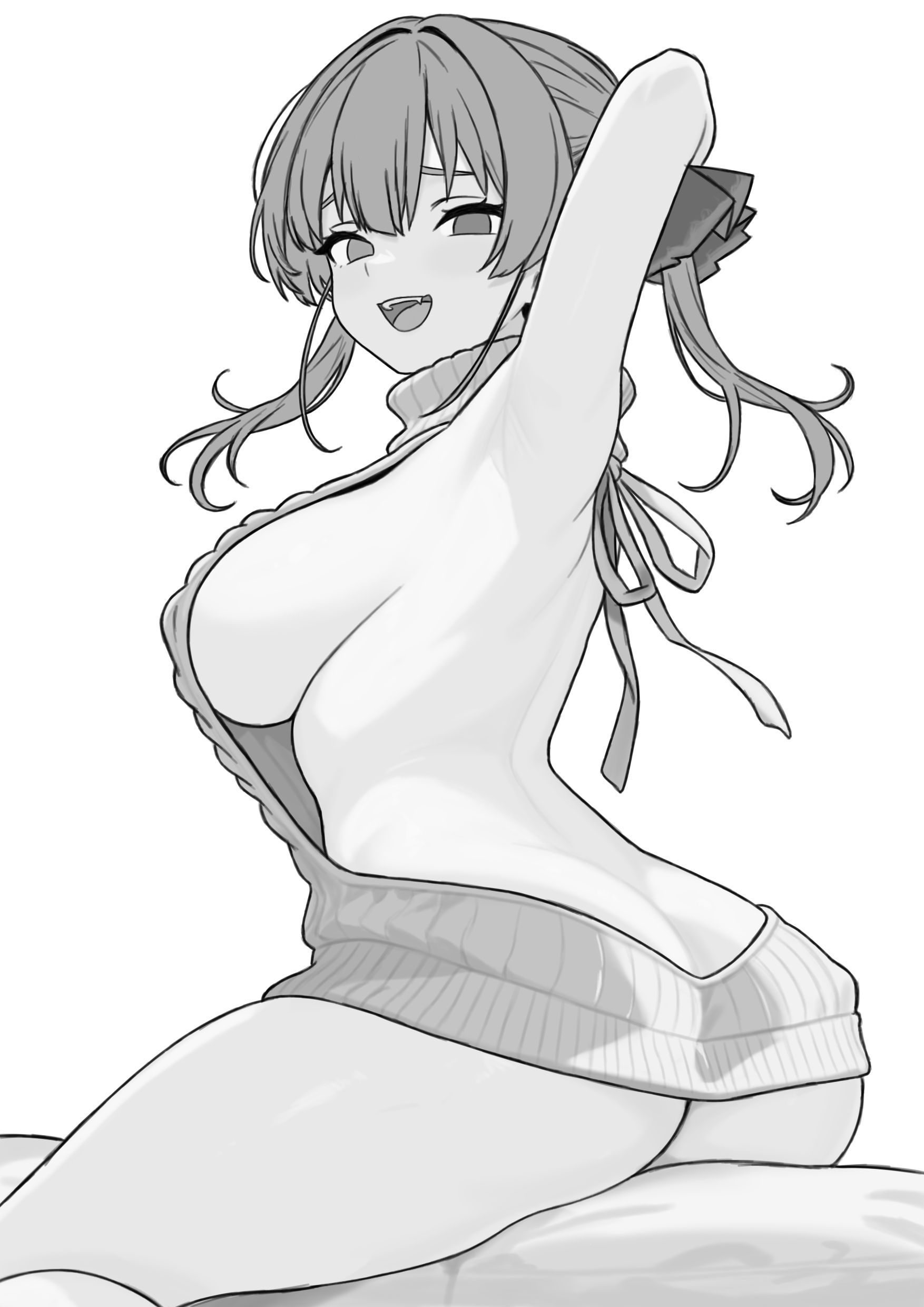 1girls, armpit, ass, back, bare back, bare thighs, big breasts, breasts, danimocles, female, hololive, hololive fantasy, hololive japan, houshou marine, large breasts, looking at viewer, looking back, monochrome, sideboob, smile, smiling, solo, sweater, thighs, virgin killer sweater, virtual youtuber, vtuber