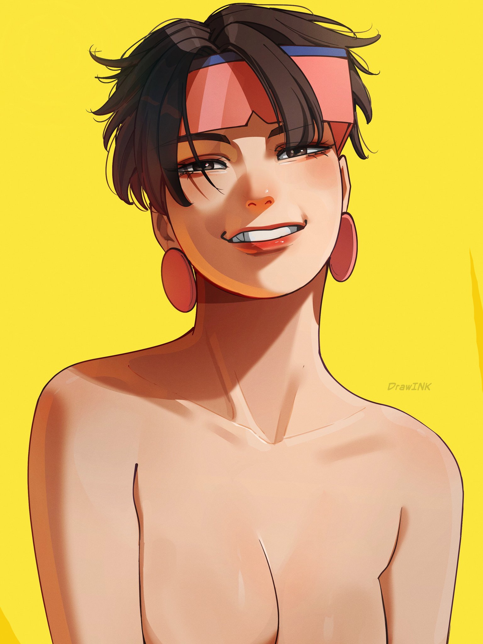 1girls, aroused female, artistic nude, asian, asian female, bare shoulders, big breasts, breasts, breasts out, casual nudity, chinese female, drawink, earrings, female, female only, jubilation lee, jubilee, lipstick, looking at viewer, marvel, marvel comics, mutant (marvel), nipples out of frame, partially nude, sexually suggestive, shades, short hair, smiling at viewer, suggestive, tasteful nudity, x-men