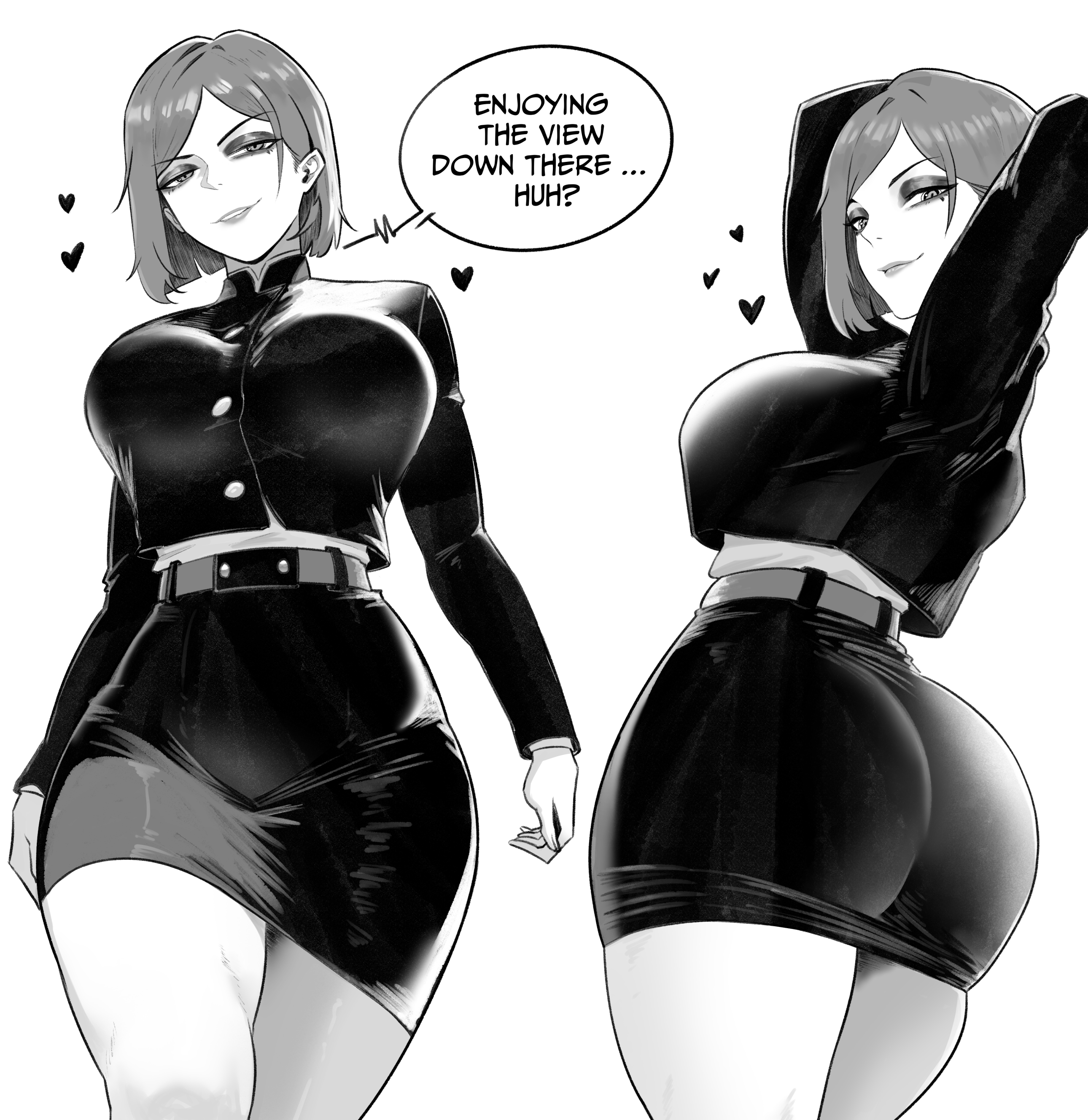 1girl, absurdres, arms behind head, ass, belt, breasts, buttons, commentary, dress, english commentary, eyeshadow, from behind, greyscale, grin, heart, high-waist skirt, highres, jujutsu kaisen, kugisaki nobara, large breasts, long sleeves, looking at viewer, makeup, missing legwear, monochrome, multiple views, short hair, simple background, skirt, smile, speech bubble, taut clothes, taut skirt, thighs, thojad