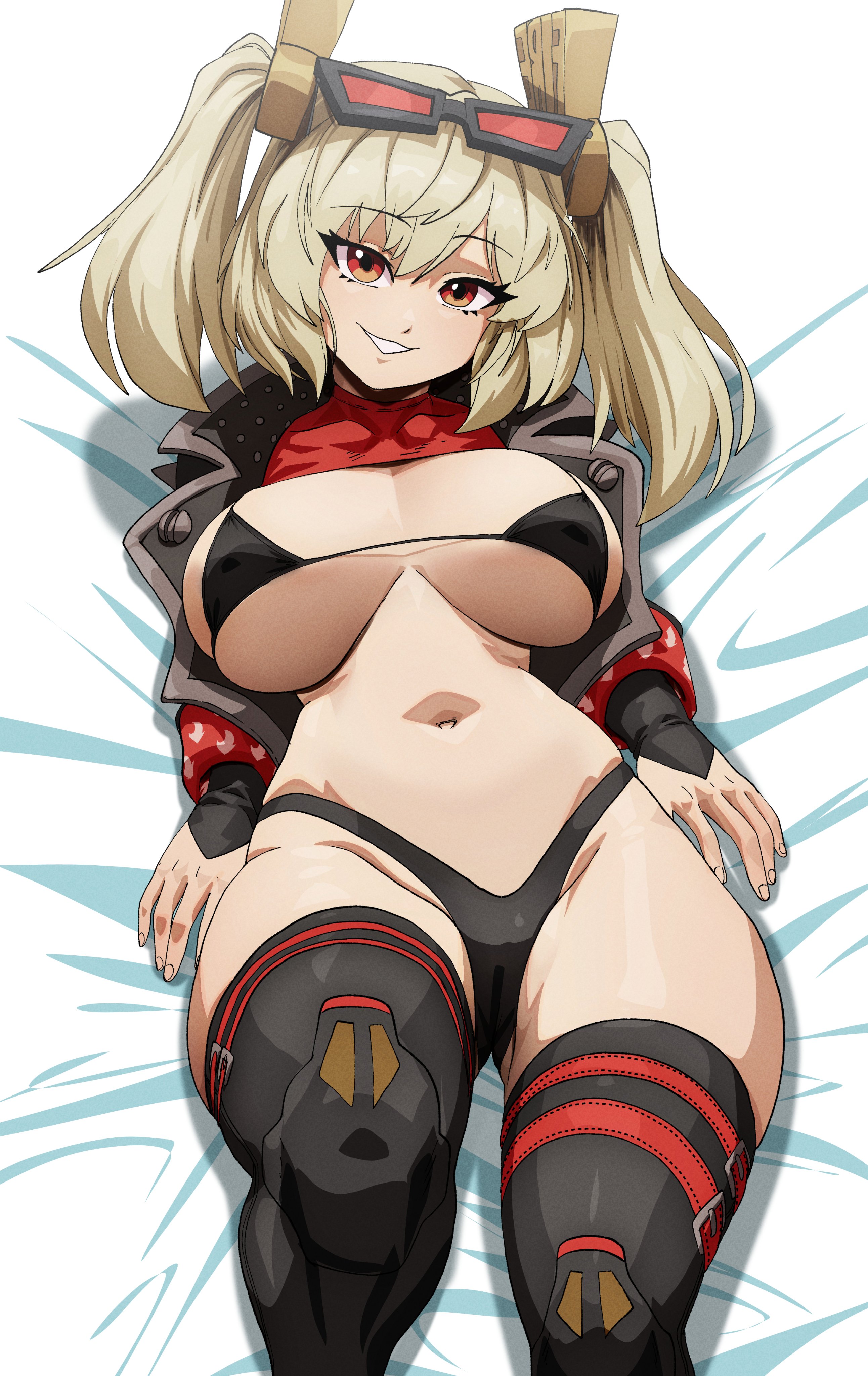 1girls, bikini, black bikini, black jacket, black thighhighs, blonde hair, breasts, breasts apart, burnice white, cameltoe, clothing, coolerinker, eyewear, eyewear on head, female, goggles, goggles on head, grin, inker comics, inkershike, jacket, large breasts, legwear, long hair, looking at viewer, lying, medium hair, navel, on back, open clothes, open jacket, red eyes, smile, solo, sunglasses, swimsuit, thighhighs, thighs, twintails, zenless zone zero