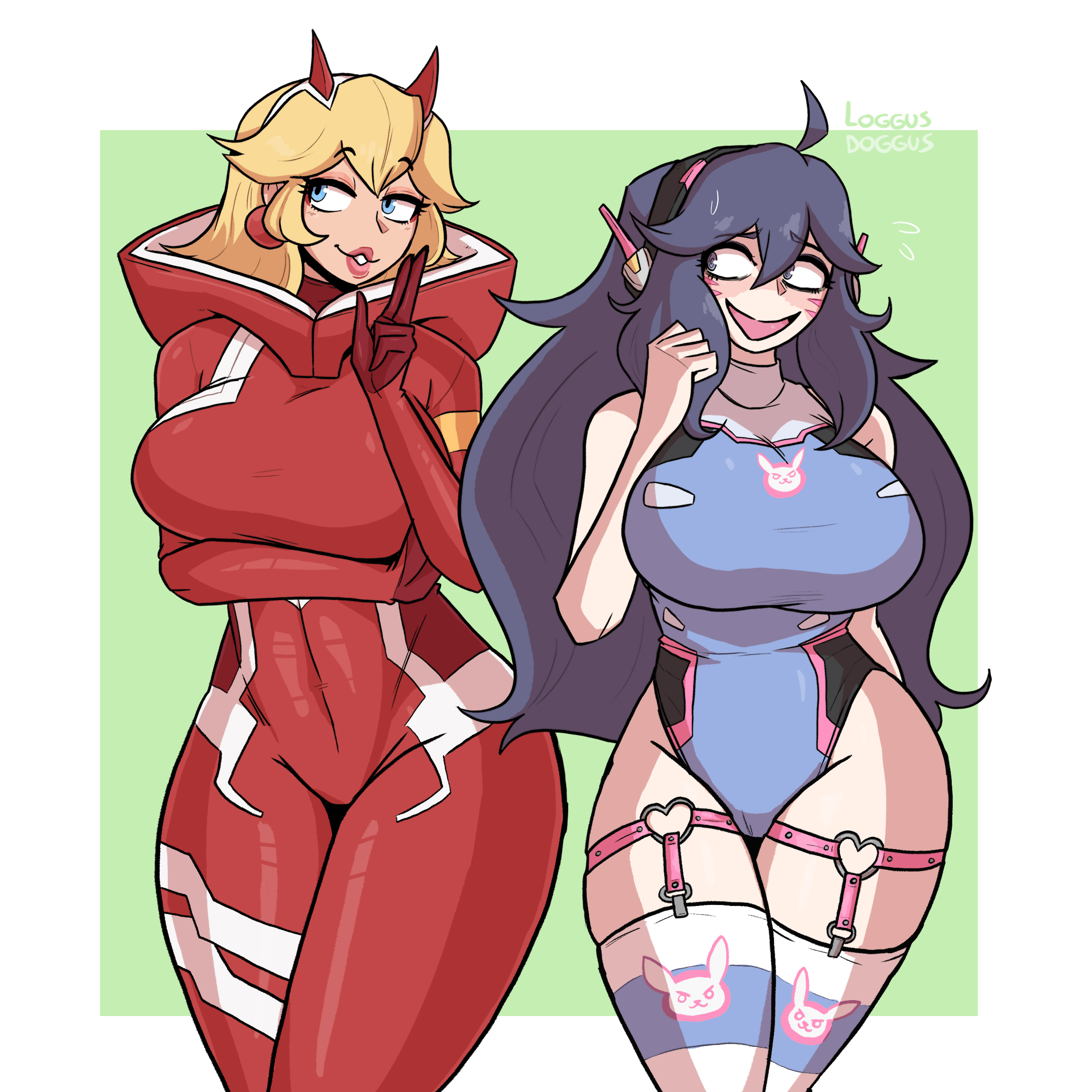 2girls, alternate costume, big breasts, blonde hair, blue bodysuit, blush, bodysuit, breasts, cosplay, crossover, d.va (cosplay), darling in the franxx, female, garter straps, headphones, hex maniac, horns, loggus doggus, mario (series), nervous, nervous smile, nervous sweat, nintendo, overwatch, pokemon, pokemon xy, princess peach, red bodysuit, seductive, sweat, swimsuit, thick thighs, thighhighs, tight bodysuit, tight clothing, zero two (darling in the franxx) (cosplay)