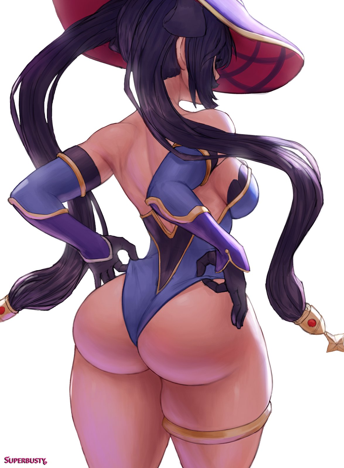 1girls, 2021, adjusting clothes, artist signature, ass, ass focus, ass shot, back, back view, black hair, breasts, bubble ass, bubble butt, detached sleeves, female, female focus, female only, genshin impact, hair ornament, hat, highleg leotard, huge ass, large hat, leotard, long hair, mona (genshin impact), reaching back, sideboob, simple background, superbusty, thick thighs, thighs, twintails, wedgie, white background, witch hat