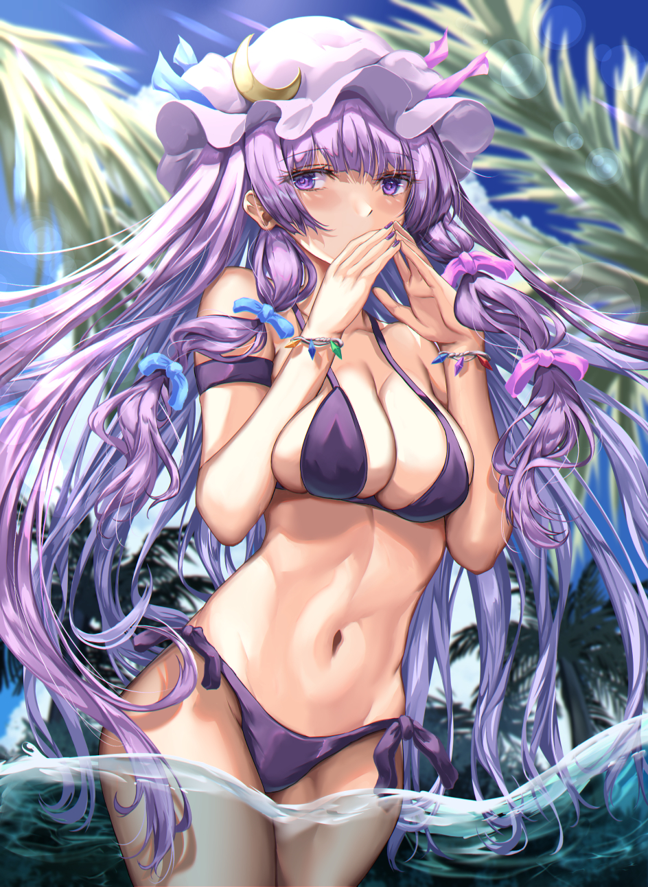 1girls beach belly belly_button big_breasts bikini bikini_bottom bikini_top blush breasts cowgirl_position detailed_background female female_focus female_only front_view hat kaeranu_kaeru long_hair patchouli_knowledge purple_eyes purple_hair solo swimsuit tagme touhou water witch