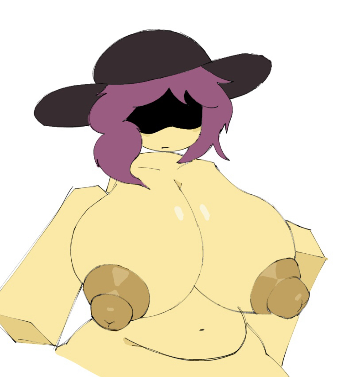 1girls, artist request, big breasts, big nipples, blocky body, breasts, breasts bigger than head, chubby, chubby female, forsaken (roblox), hat, jane doe (forsaken), pink hair, roblox, roblox game, robloxian, shadow over eyes, solo, source request, tagme, yellow body, yellow skin