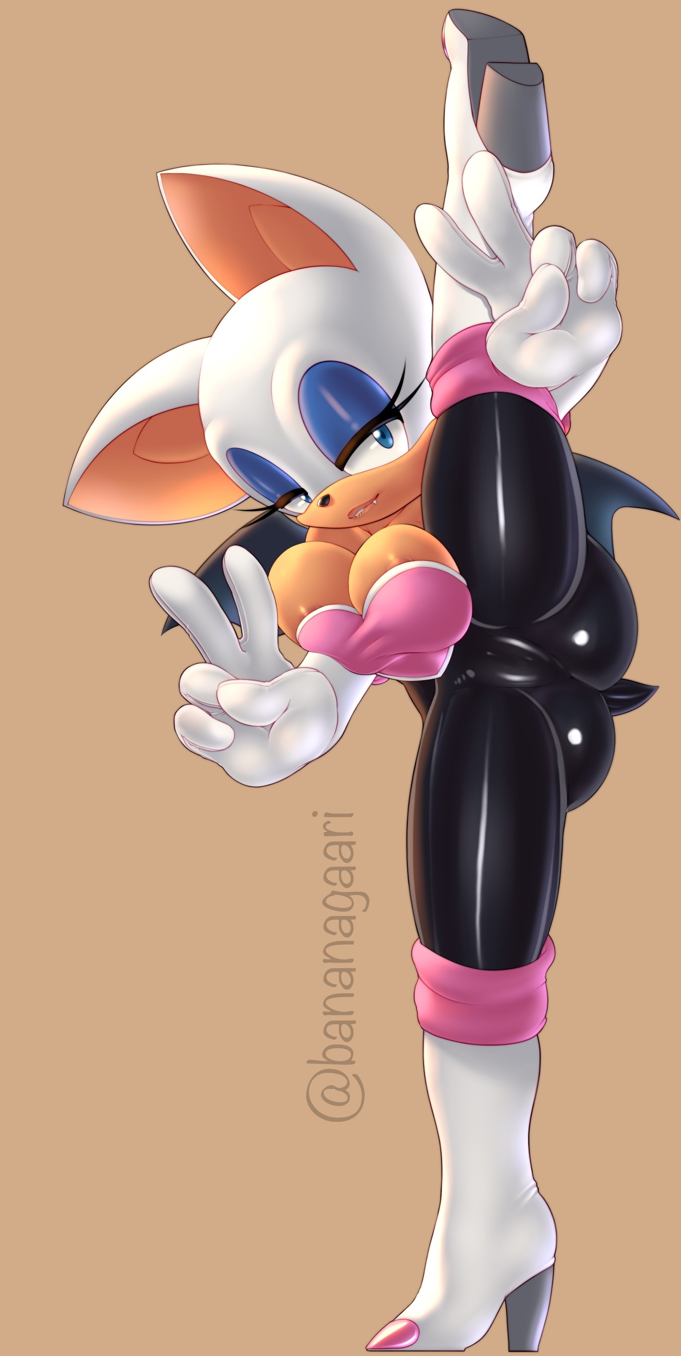2021, 5 fingers, absurd res, anthro, areola, areola slip, armwear, artist name, ass, bananagaari, bat, big ass, big breasts, big butt, black nose, bodysuit, boots, breasts, bubble ass, bubble butt, cameltoe, chiropteran, cleavage, clothed, clothing, elbow gloves, eyelashes, eyeshadow, fangs, female, fingers, flexible, footwear, fully clothed, gesture, glistening, glistening clothing, gloves, half-closed eyes, handwear, hi res, high heels, legwear, looking at viewer, makeup, mammal, membrane (anatomy), membranous wings, narrowed eyes, nipple slip, one leg up, pussy, raised leg, rouge the bat, sega, shortstack, skinsuit, smile, solo, sonic (series), sonic the hedgehog (series), splits, spread legs, spreading, standing, thigh boots, thigh highs, tight clothing, v sign, vertical splits, wings