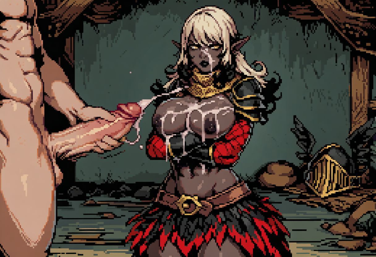 paigen ai_generated original original_character sia_(paigen) monster_girl horror horror_(theme) 1girls female nipples breasts large_breasts elf elf_girl drow long_hair blonde_hair platinum_blonde_hair black_hair two-tone_hair dark_skin muscles abs toned_body toned_female muscular muscular_female scarf armor armored_female helmet winged_helmet shoulder_armor gauntlets gloves fingerless_gloves boots belt feathers skirt feather_skirt valkyrie 1boy male penis cum cumdrip ejaculation pixel_art arms_crossed facial cum_on_face cum_on_breasts yellow_eyes pointy_ears balls