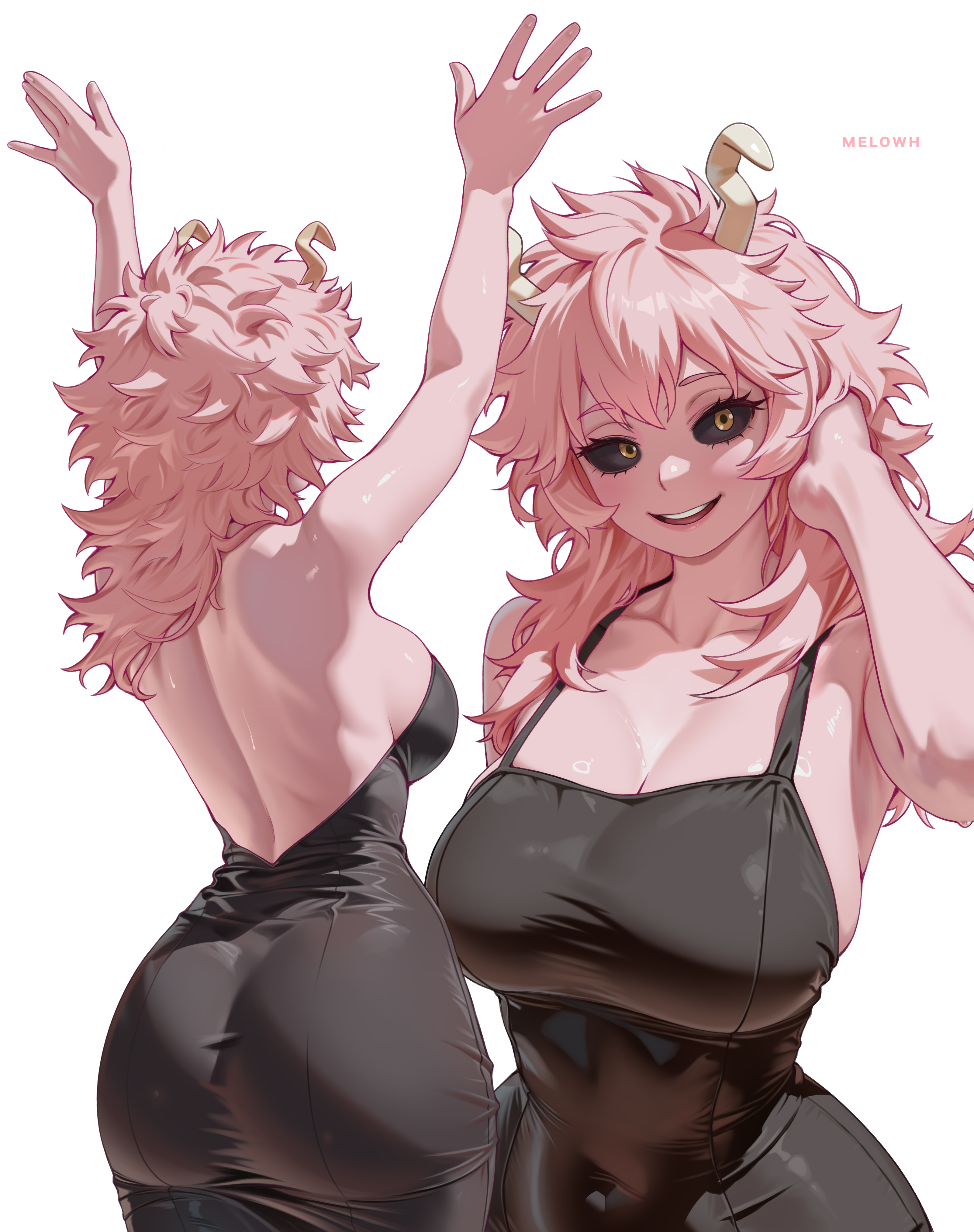 1girl, 1girls, absurdres, alternate version available, arms up, artist name, ashido mina, ashido mina time-skip, ass, back, backless dress, backless outfit, black dress, black sclera, boku no hero academia, breasts, colored sclera, colored skin, commentary, dress, english commentary, female, female only, halter dress, halterneck, hand in own hair, highres, horns, hourglass figure, huge breasts, impossible clothes, impossible dress, large breasts, long hair, looking at viewer, melowh, messy hair, mina ashido, mina ashido time-skip, multiple views, my hero academia, my hero academia (finale), pink hair, pink skin, post-timeskip, simple background, slim waist, smile, solo, standing, white background, wide hips, yellow eyes