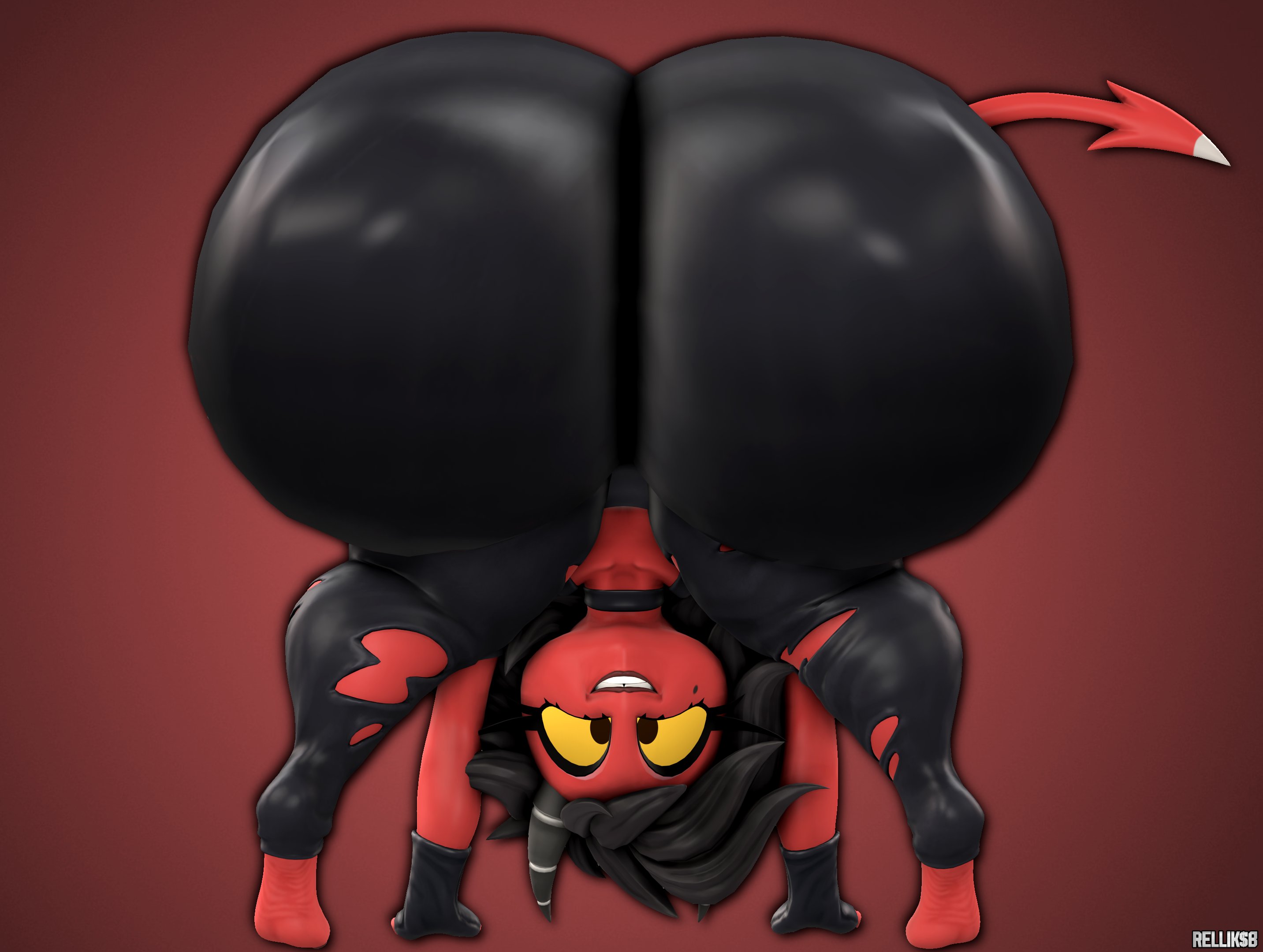 1girls, 3d, 3d render, anthro, ass, ass focus, big ass, demon, demon girl, female, from below, head down ass up, helluva boss, huge ass, looking at viewer, millie (helluva boss), red body, red skin, relliksb, tagme