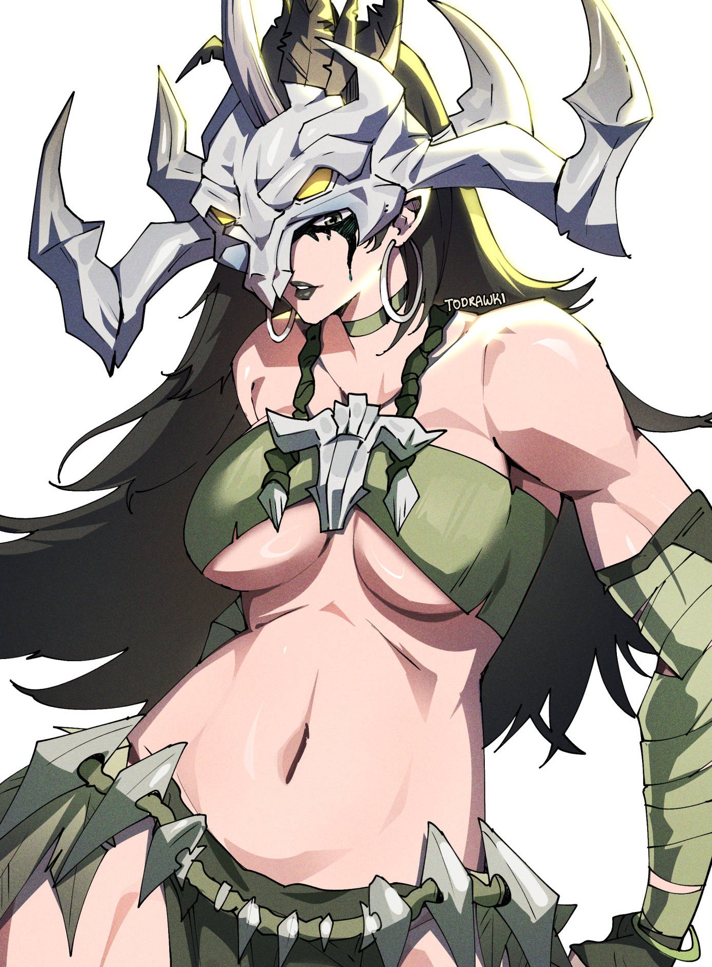 1girls, 2d, bare shoulders, big breasts, black hair, cave girl, cavegirl, cavewoman, clothed, clothing, color, female, female focus, female only, hela, hela (marvel rivals), hela (savage monarch), hi res, jungle girl, large breasts, light skin, light-skinned female, long hair, marvel, marvel rivals, prehistoric, primitive, solo, solo female, stone age, tarzan, thick thighs, todrawki, tribal