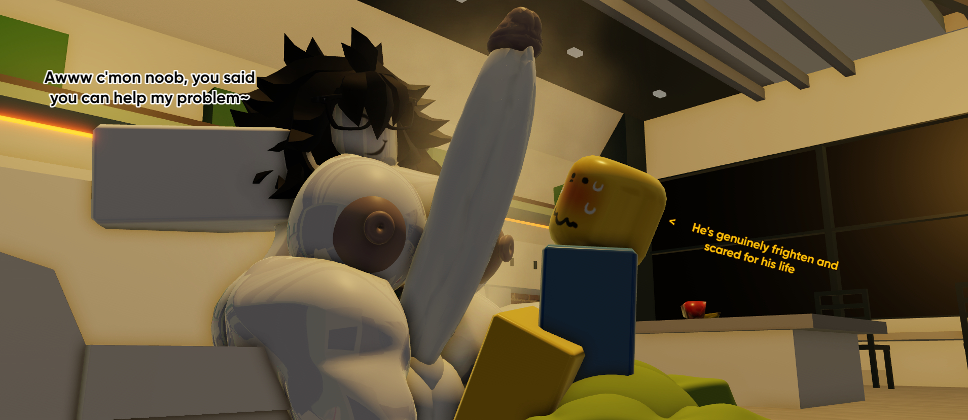 1boy, 1femboy, 1futa, 1futanari, 3d, artist request, big ass, big balls, big breasts, big butt, big penis, big thighs, bigger female, dialogue, embarrassed, english text, femboy, frightened, futanari, male, noob, noob (roblox), oc, on knees, original character, pale skin, roblox, robloxian, scared, smaller, sweat, sweaty body, testicles, text, throbbing penis, white skin, yellow skin