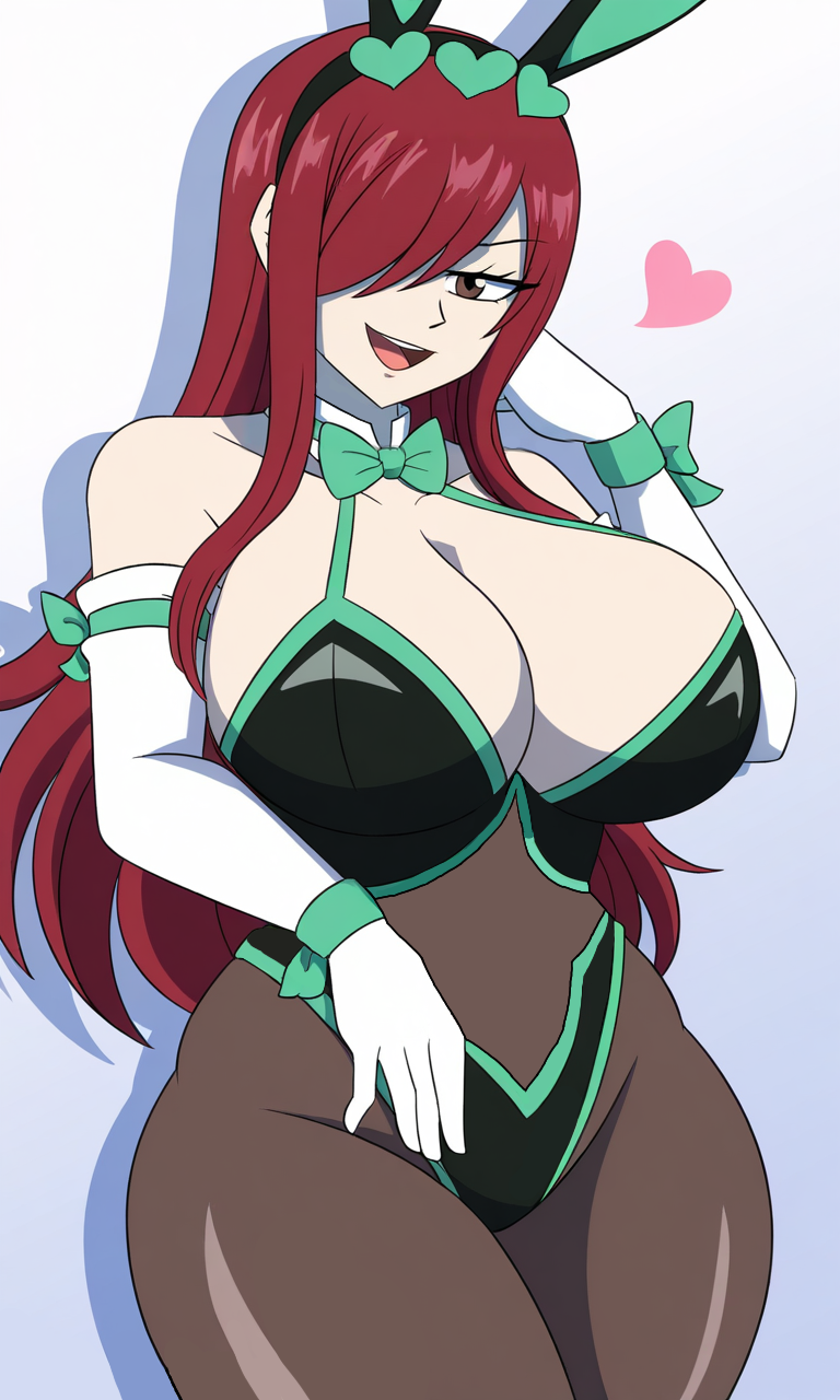 1female, 1girl, 1girls, alone, big boobs, big breasts, big thighs, big tits, black bodysuit, bow, brown eyes, bunny, bunny costume, bunny ears, bunnysuit, cel shading, curvy, curvy body, curvy female, curvy figure, curvy thighs, dark eyes, elbow gloves, erza scarlet, fairy tail, female, female focus, female only, fishnet legwear, fishnets, heart, huge breasts, huge thighs, huge tits, long hair, long red hair, looking at viewer, one eye covered, open mouth, red hair, red-haired female, seductive, shadow, smug, smug expression, smug face, smug smile, standing, straps, white background, white elbow gloves, white gloves