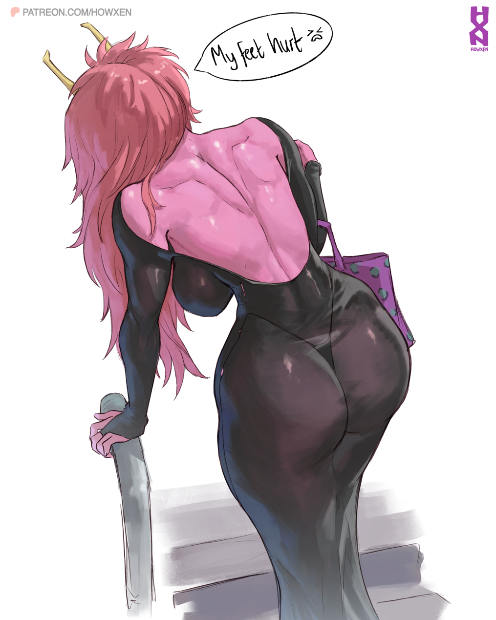 1girl, artist logo, ashido mina, ashido mina time-skip, ass, athletic female, back, backless dress, backless outfit, bag, big ass, black dress, boku no hero academia, breasts, commentary, dress, english commentary, english text, fit female, handbag, highres, holding, holding bag, horns, howxen, large breasts, logo, long hair, median furrow, mina ashido, mina ashido time-skip, muscular back, my hero academia, my hero academia (finale), patreon username, pink body, pink hair, post-timeskip, purple bag, slim waist, solo, speech bubble, standing, thick thighs, thong, white background