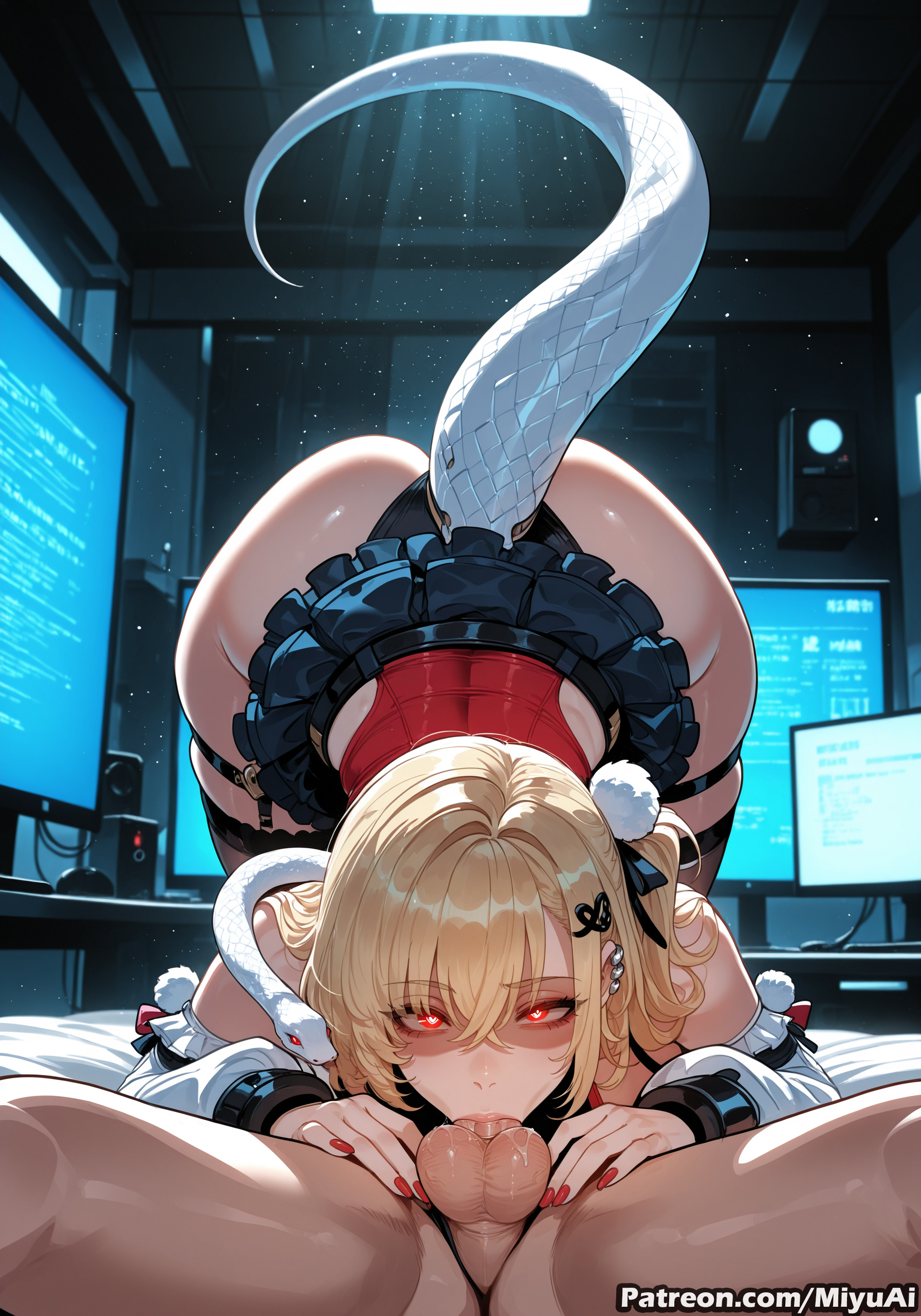 1boy, 1girl, ai assisted, ai generated, ass, bangs, bare shoulders, black panties, blonde hair, blush, breasts, censored, cissia (zenless zone zero), curvaceous, curvy, curvy female, curvy figure, eyebrows visible through hair, fellatio, female, hair between eyes, hair ornament, hetero, indoors, long hair, looking at viewer, microskirt, miniskirt, miyuai, monitor, nail polish, oral, panties, penis, pov, red eyes, skirt, snake, solo focus, tail, tattoo, thick, thick ass, thick butt, thick hips, thick legs, thick thighs, underwear, voluptuous, voluptuous female, wide hips, wide thighs, zenless zone zero