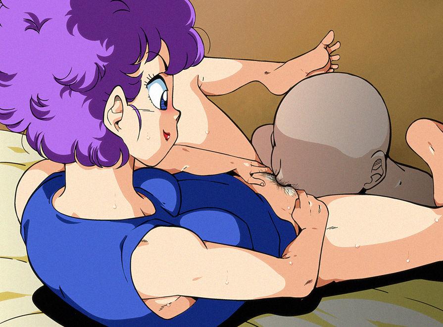 1boy 1girls afro beauty_mark big_breasts blue_eyes blue_topwear bottomless breasts censored cunnilingus curly_hair dragon_ball dragon_ball_(classic) faceless_male feet female female_focus hairy_pussy licking_pussy lipstick lying_down lying_on_back lying_on_bed male mole_under_mouth mosaic_censoring old_school_academy purple_hair pussy pussy_hair ranfan red_lipstick short_hair shounen_jump sleeveless_shirt smile spread_legs topwear vagina