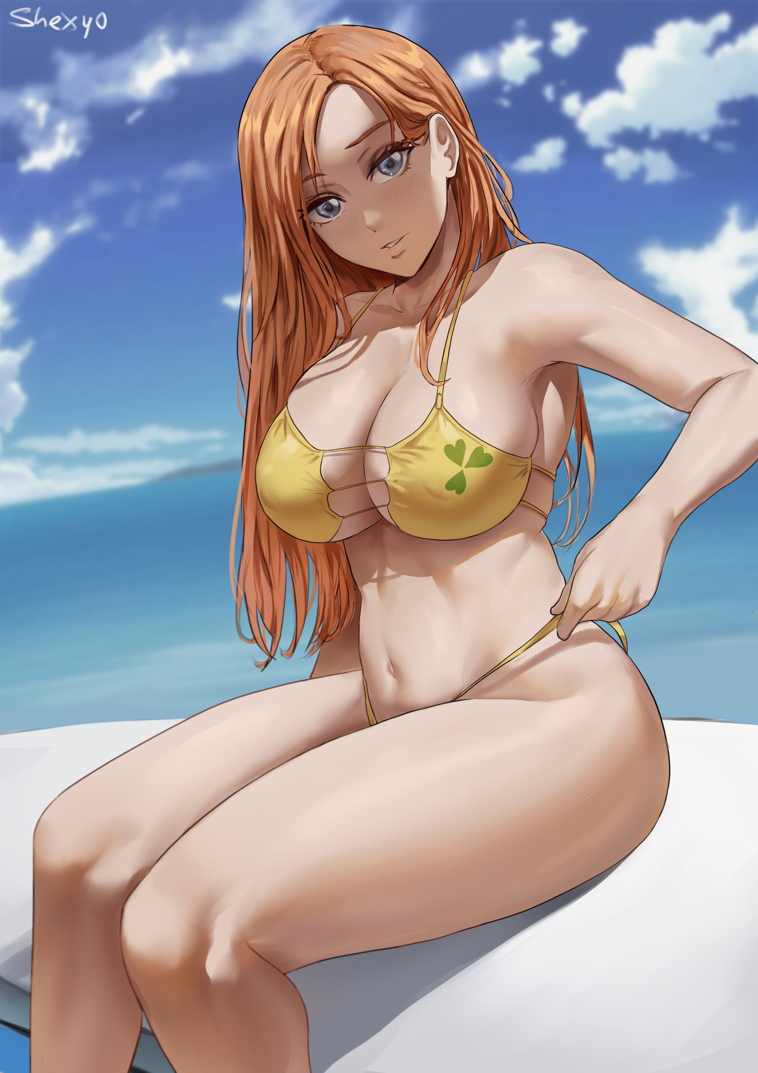 1girls, 2021, artist signature, bikini, bleach, blue sky, breasts, female, female focus, female only, grey eyes, hi res, hips, huge breasts, inoue orihime, light blush, long hair, looking at viewer, orange hair, orange-haired female, outdoors, shexyo, sitting, slim waist, smile, thick thighs, thighs, water, wide hips, yellow bikini