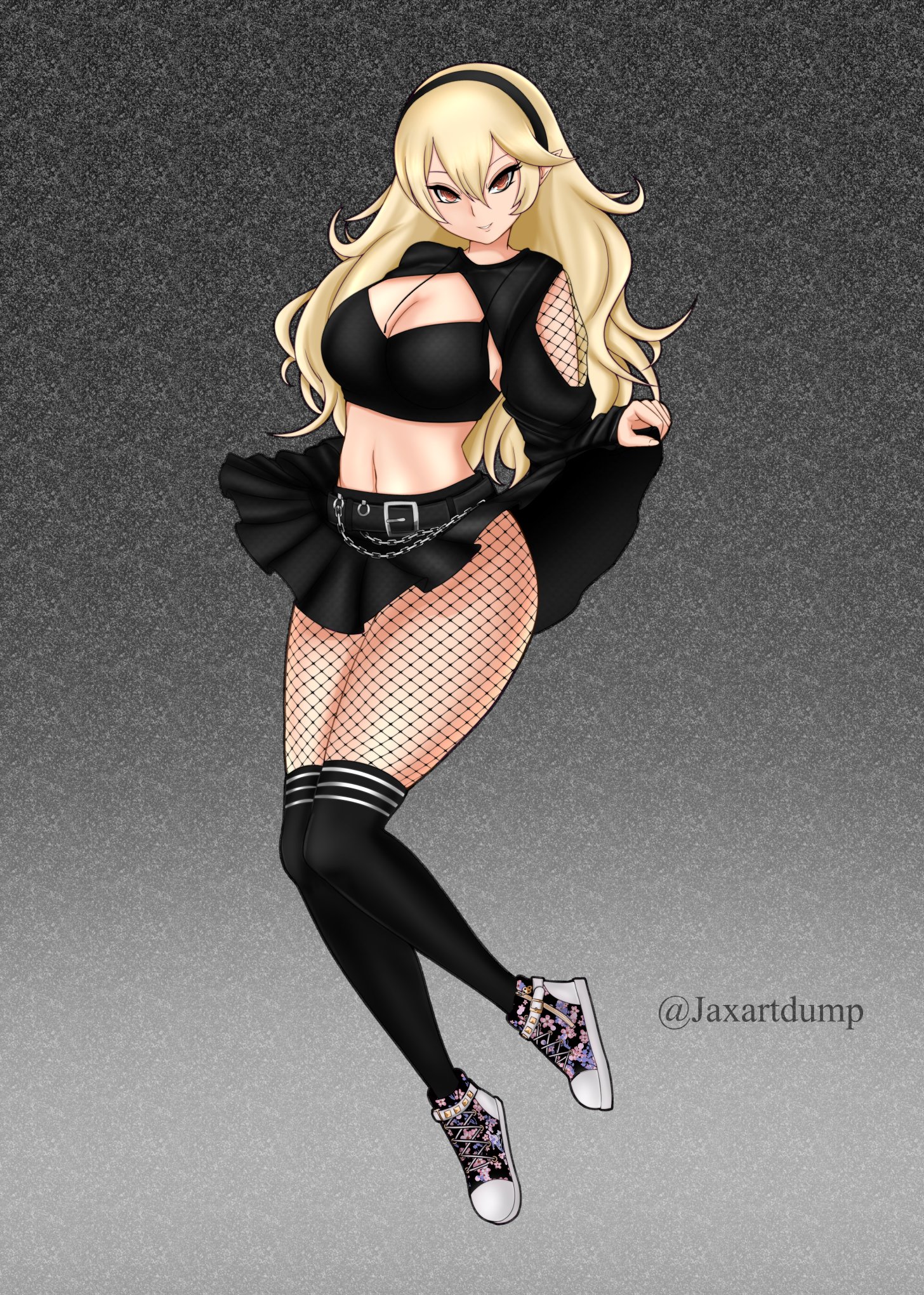 1girls, alternate costume, bare midriff, bare thighs, blonde hair, breasts, cleavage, corrin (fire emblem), corrin (fire emblem) (female), female, fire emblem, fire emblem fates, fishnet gloves, fishnet stockings, fishnets, hair between eyes, jaxartdump, large breasts, lifted by self, long hair, nintendo, red eyes, skirt, skirt lift, solo, tank top, thighhighs