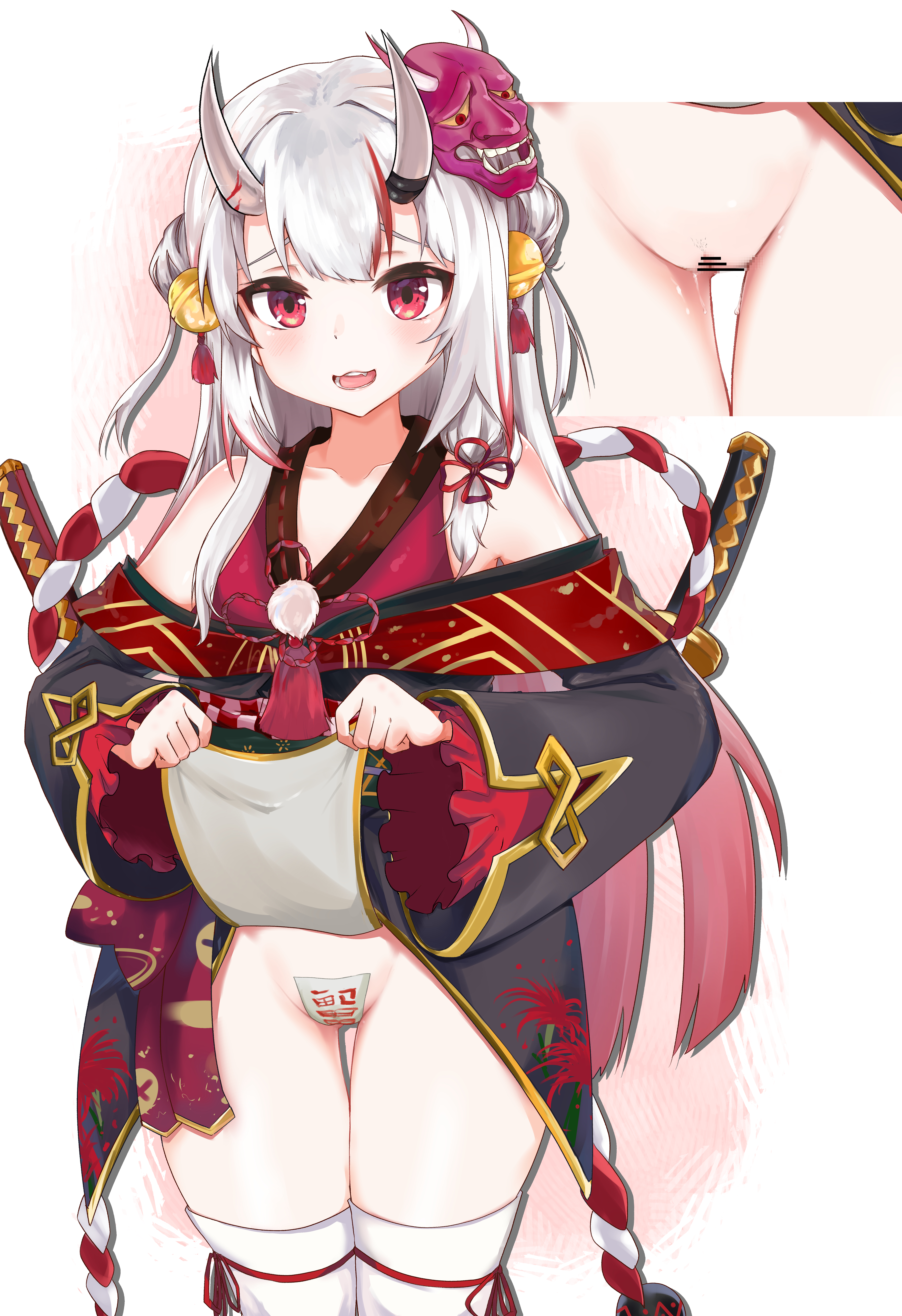 1girls, breasts, censored, censored pussy, demon horns, female, hololive, hololive gen 2, hololive japan, japanese clothes, kimono, knbd, lifting, multicolored hair, nakiri ayame, oni, oni horns, pussy, pussy tape, red eyes, red hair, thick thighs, thighhighs, virtual youtuber, white hair