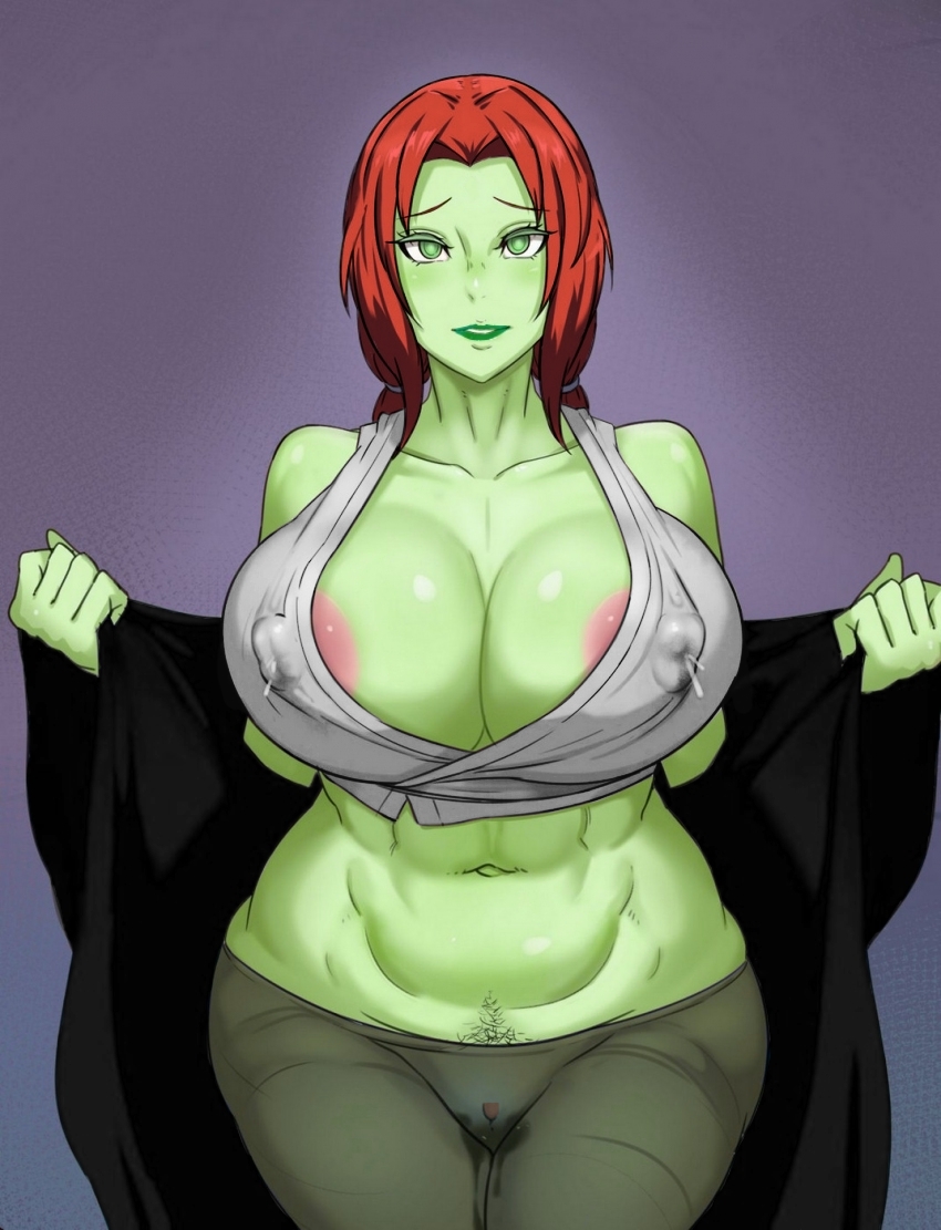 1girls, areola slip, areolae, batman (series), breasts, dc, dc comics, edit, edited, erect nipples, female, female only, green eyes, green skin, green-skinned female, huge breasts, lactation, metal owl, milf, milk, nipples, open jacket, pamela isley, poison ivy, pubic hair, pussy, pussy juice, red hair, solo, tight clothes, undressing