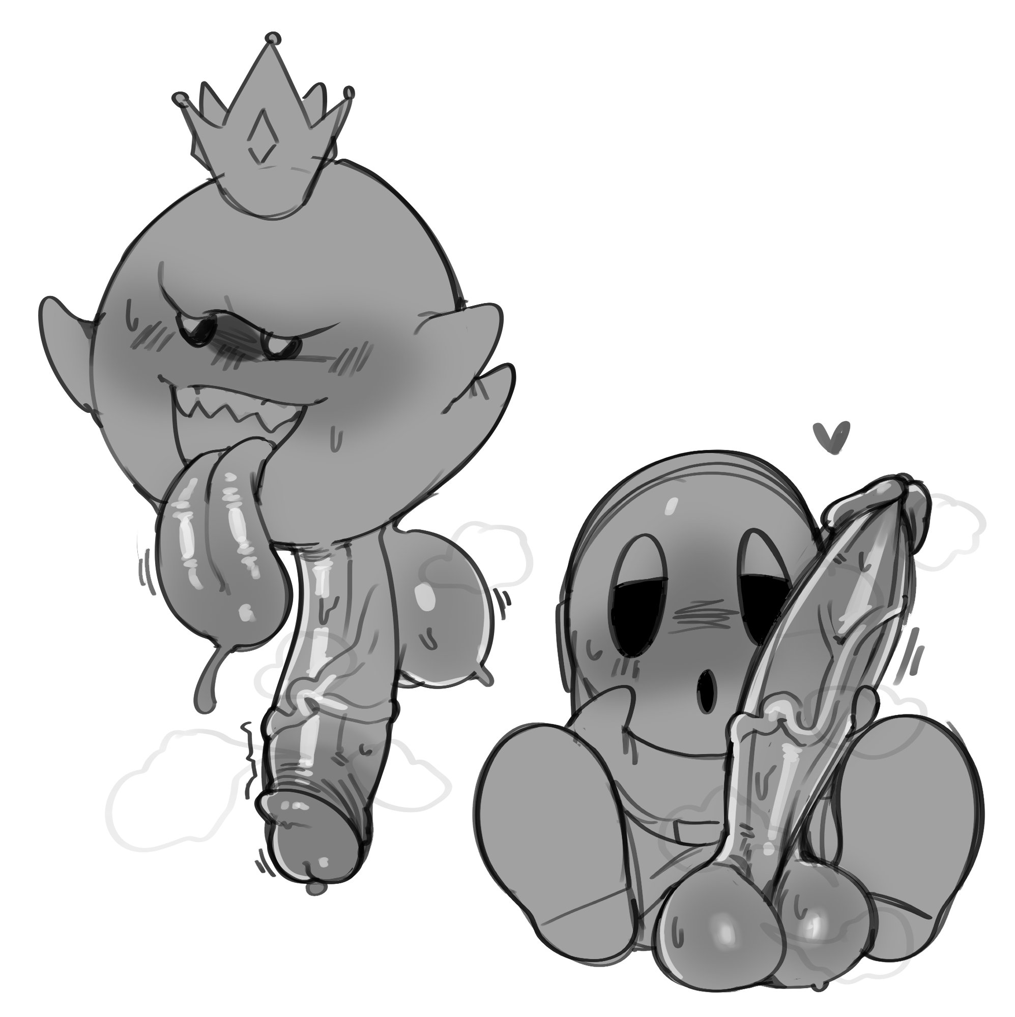 2boys, absurd res, anthro, anthro only, anthrofied, ball with hyper features, balls, big penis, big tongue, black and white, black eyes, blush, blushing, bodily fluids, boo (mario), cotton tail, crown, erect penis, erection, floating, full body, genital fluids, genitals, grabbing penis, greyscale, half-closed eyes, heart, hi res, holding penis, huge cock, huge penis, king boo, long penis, long tongue, male, male only, mario (series), monochrome, multiple boys, multiple males, open mouth, penis, seniorseasalt, sharp teeth, shy guy, simple background, sitting, small but hung, smile, tail, testicles, tongue, tongue out, vein, veiny penis, waddling head, white background, white eyes