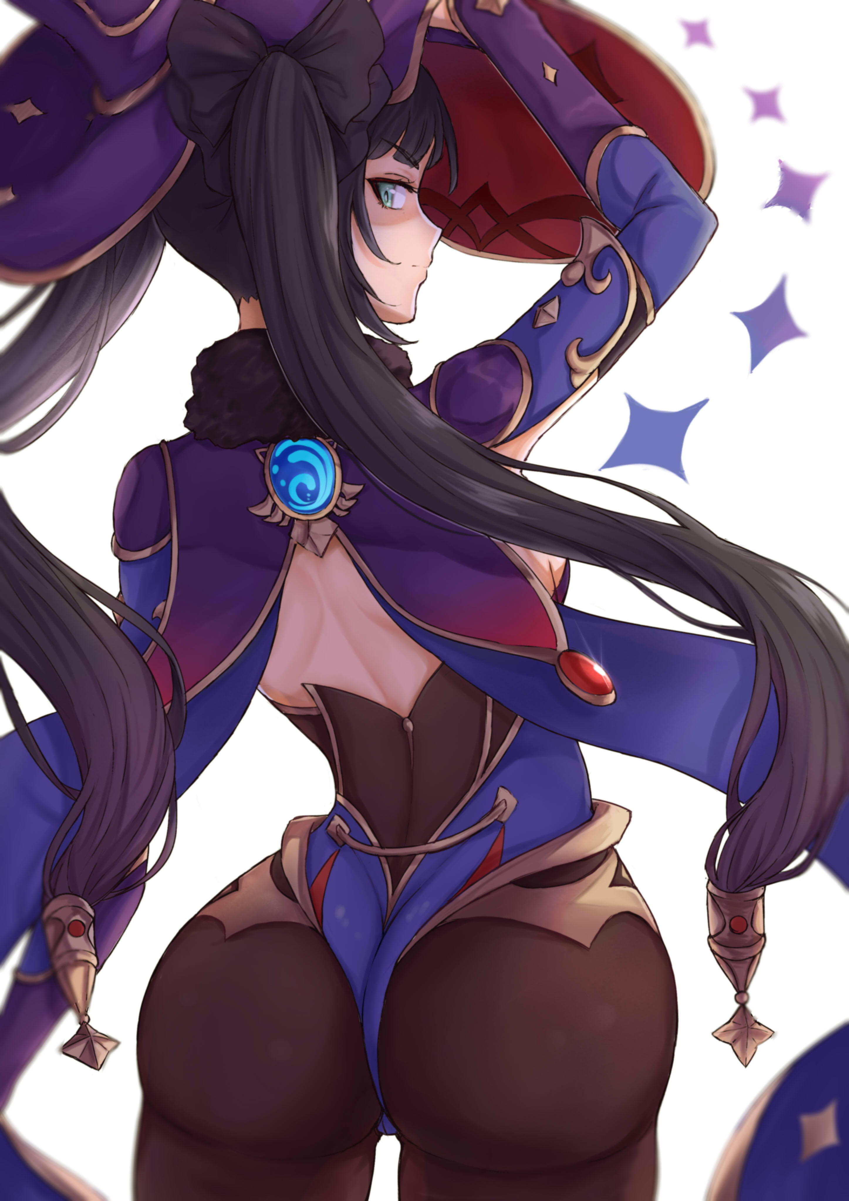 1girls, ass, black hair, blue eyes, breasts, bubble ass, bubble butt, cape, clothed, clothing, female, genshin impact, hat, lipstick, long hair, looking back, mao u (artist), mona (genshin impact), sideboob, solo, twintails, white background, white skin