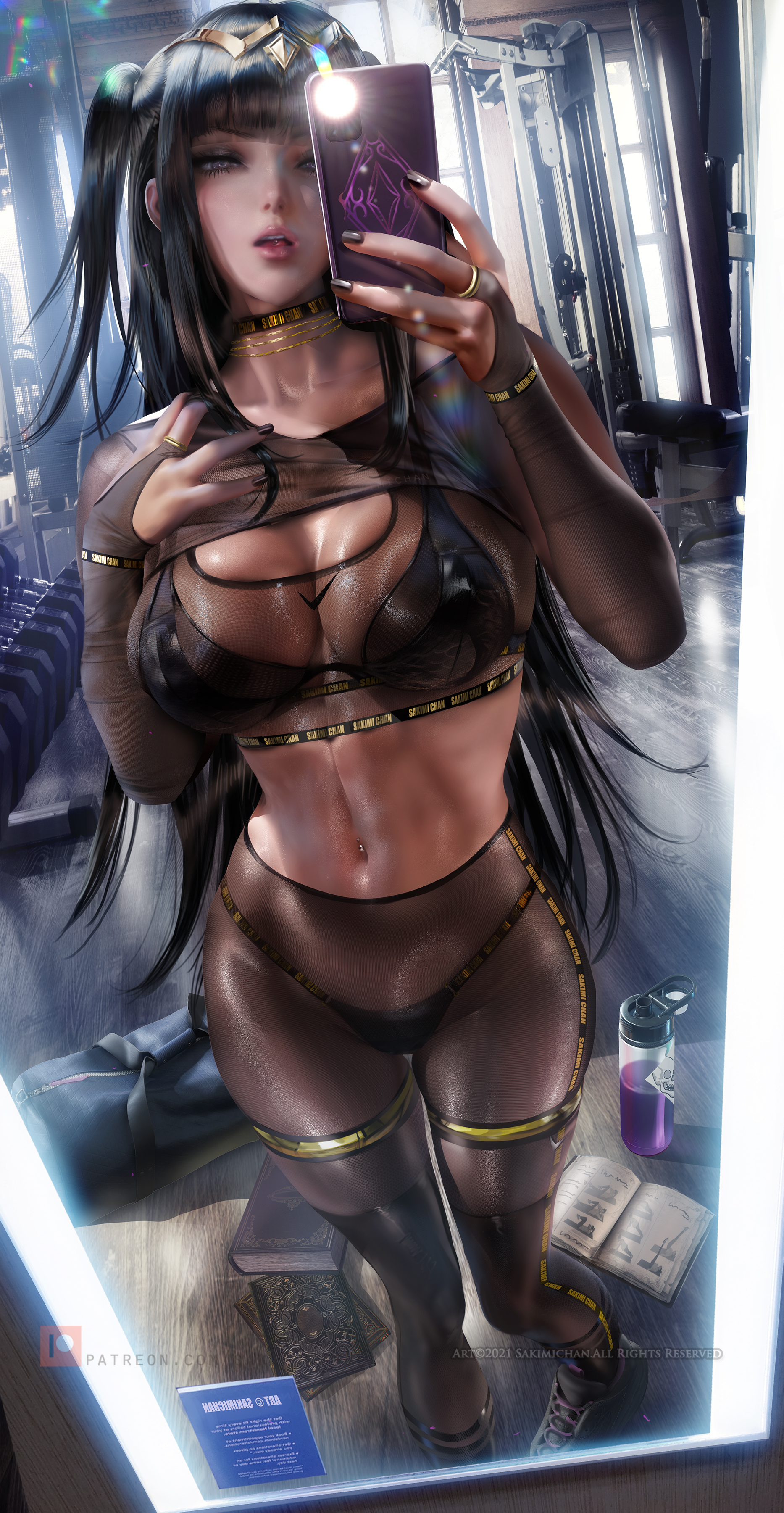 1girls, 2021, belly button, black hair, breasts, facing forward, female, female focus, female only, fire emblem, fire emblem awakening, gym, gym equipment, hair ornament, hi res, hips, holding object, huge breasts, indoors, long hair, nintendo, painted nails, phone, sakimichan, selfie, slim waist, tharja (fire emblem), thick thighs, thighs, wide hips
