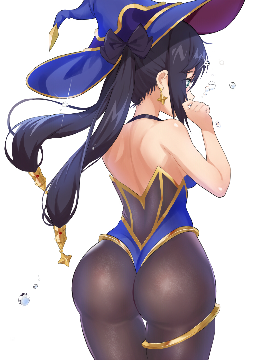 1girls, ass, black hair, blue eyes, breasts, bubble ass, bubble butt, clothed, clothing, ear piercing, female, genmon, genshin impact, hat, light skin, light-skinned female, mona (genshin impact), open mouth, plump ass, sideboob, slim waist, solo, thick thighs, twintails, white background