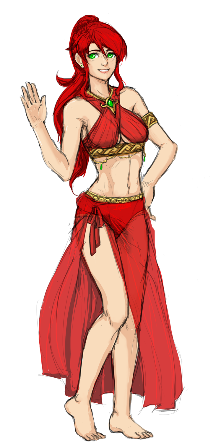 1girls armlet belly_dancer belly_dancer_outfit bocas_top dancer dancer_outfit fit green_eyes harem_girl harem_outfit large_breasts long_hair ponytail pyrrha_nikos razenix red_hair rwby voluptuous