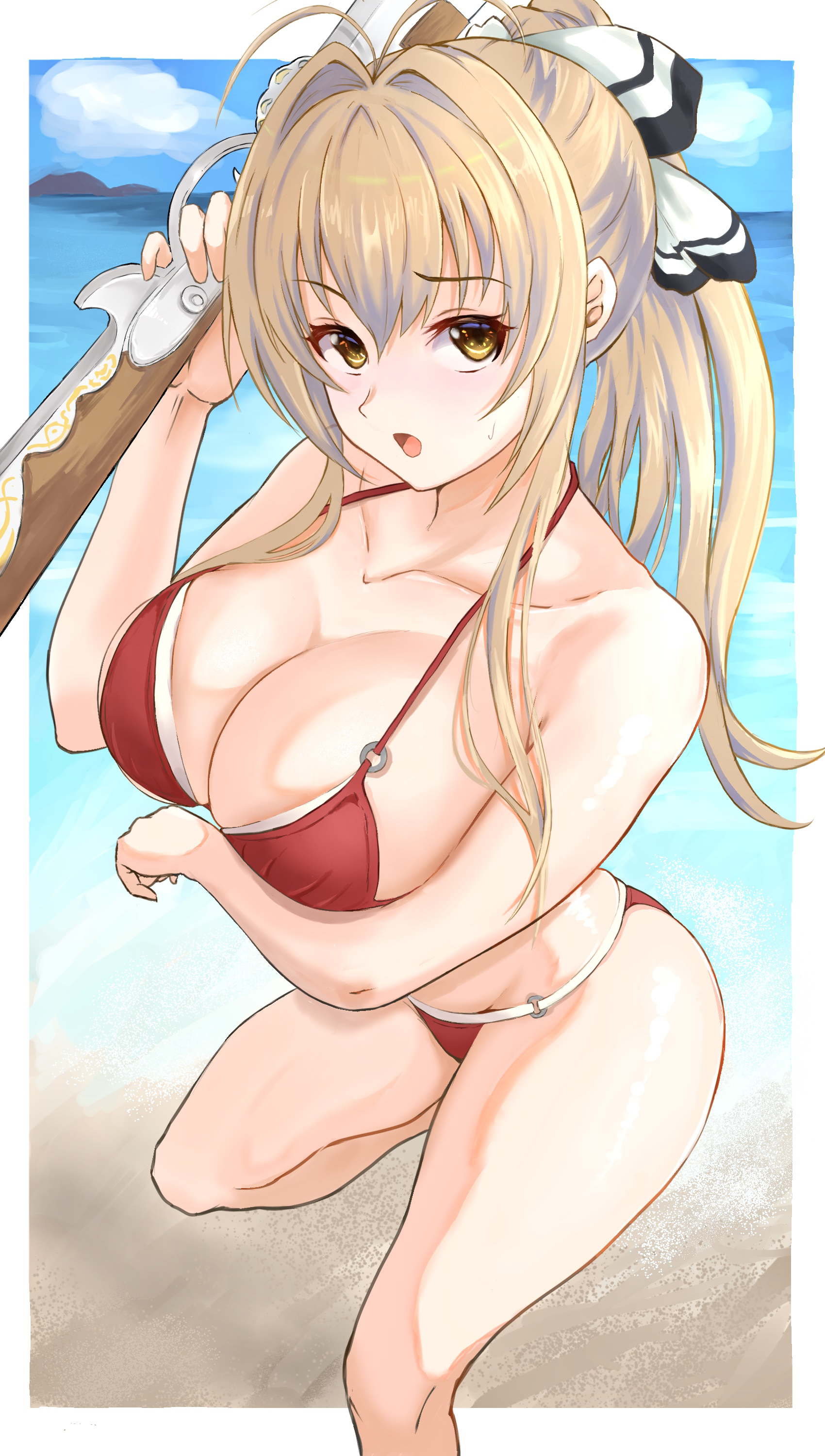 1girls, amagi brilliant park, bare shoulders, beach, bikini, bikini bottom, bikini top, breasts, cleavage, collarbone, covered nipples, eyebrows visible through hair, eyelashes, female, female focus, female only, hair ribbon, looking at viewer, nagaya (arx7sagara), open mouth, red bikini, red bikini bottom, red bikini top, seaside, sento isuzu, solo, solo female, solo focus, thick thighs, thighs, yellow eyes