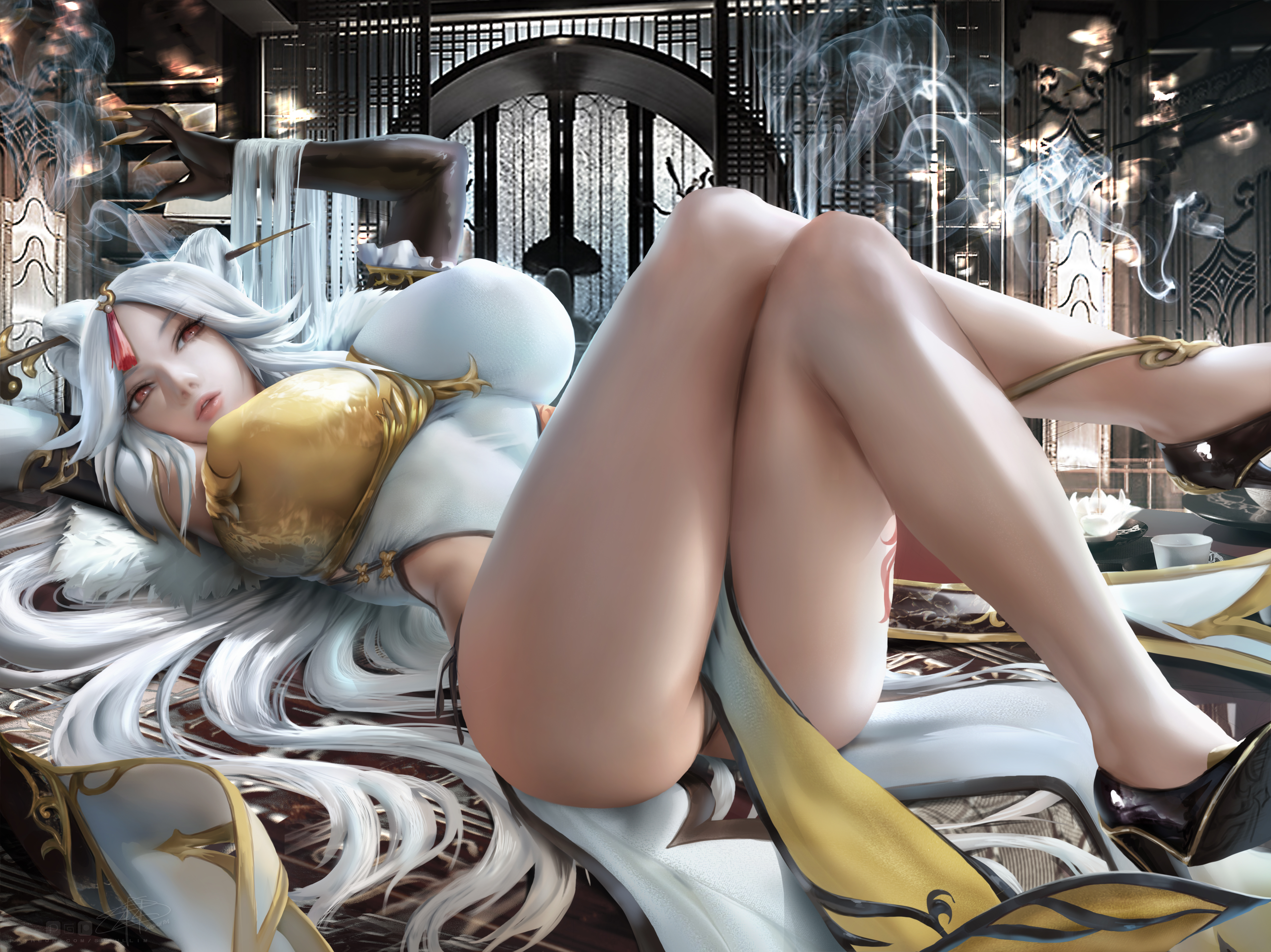 1girls, bed, breasts, detailed background, female, genshin impact, huge breasts, laying down, ningguang (genshin impact), supullim, thick thighs, voluptuous