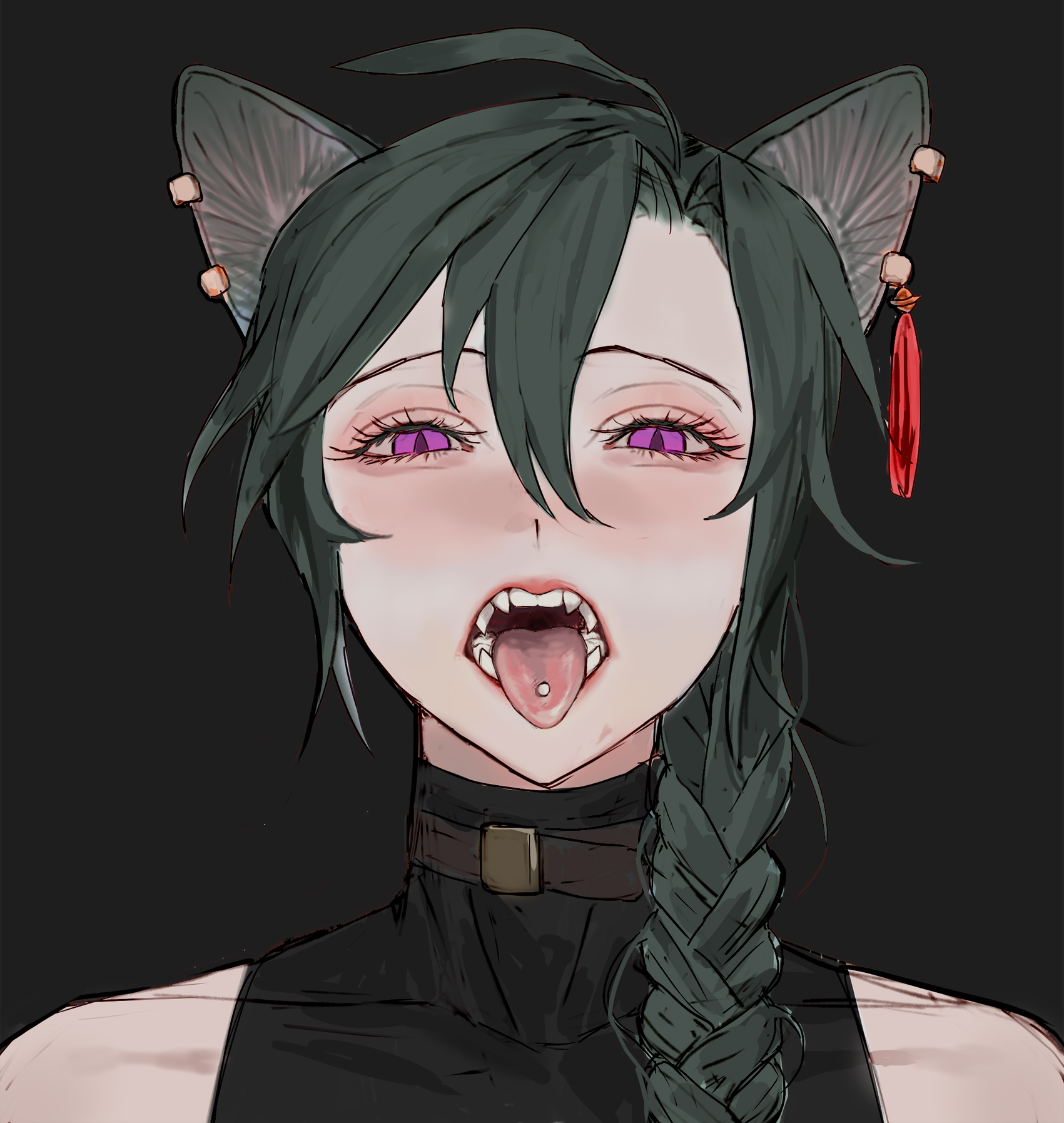 1boy, androgynous, braid, cat boy, cat ears, catboy, eyelashes, femboy, green hair, male, male only, monster boy, nijisanji, piercing, purple eyes, ryushen, ryuushen, solo, solo male, tongue, tongue out, tongue piercing, virtual youtuber, yu delete