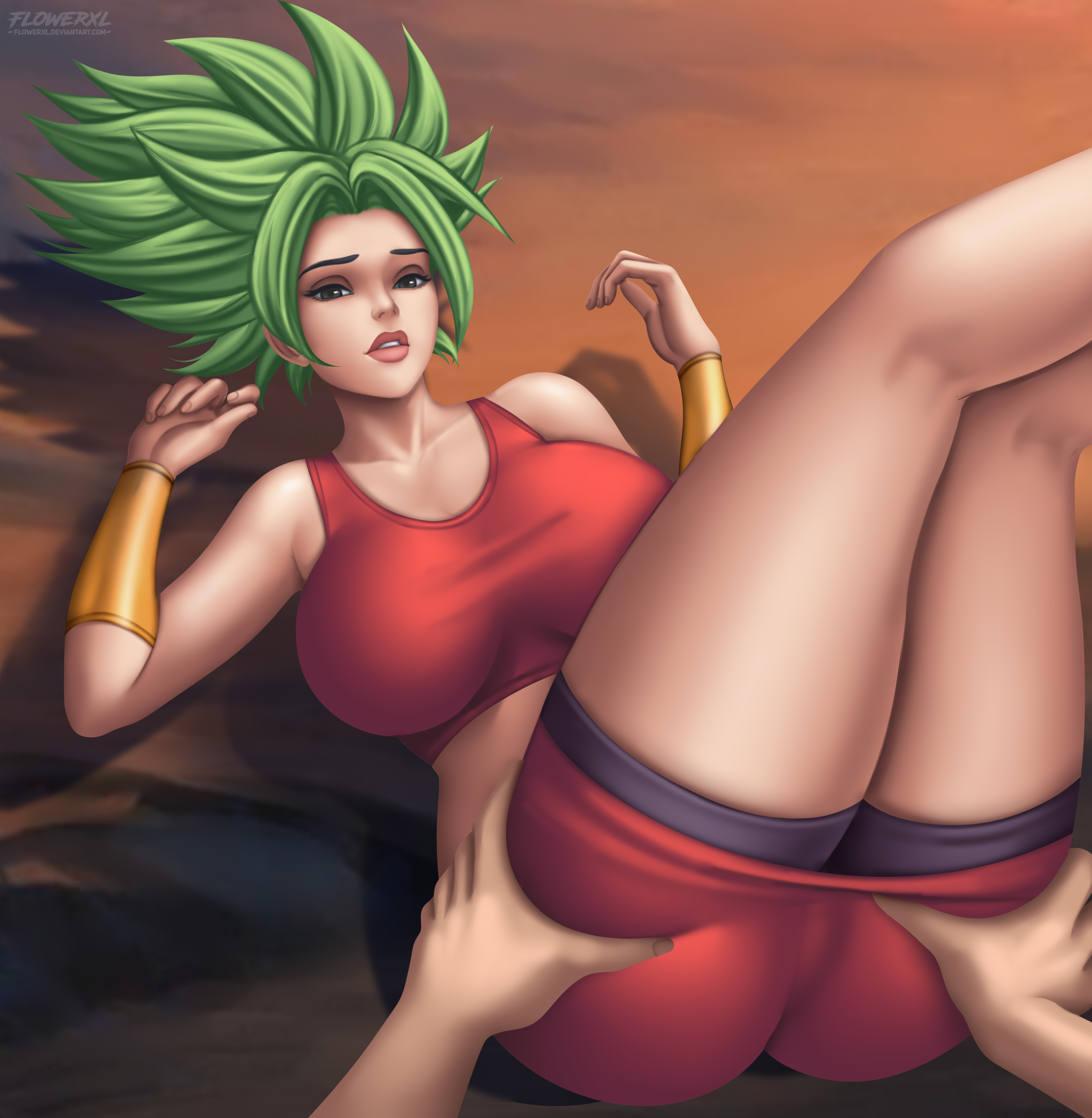 ass, dragon ball, dragon ball super, female, flowerxl, green hair, kale, kale (berserker), legendary super saiyan, male, muscular, muscular female, partial male, super saiyan, super saiyan 2