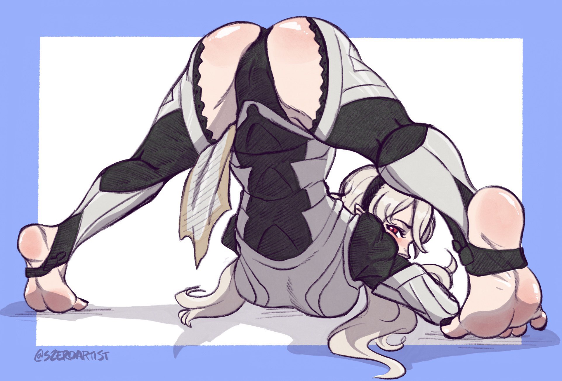 1girls, ass, ass up, bare thighs, barefoot, big ass, black panties, breasts, corrin (fire emblem), corrin (fire emblem) (female), face down ass up, female, fire emblem, fire emblem fates, inner thighs, jack-o pose, jackochallenge, long hair, looking back, medium breasts, nintendo, panties, partially visible vulva, pussy, red eyes, solo, spread legs, szeroart